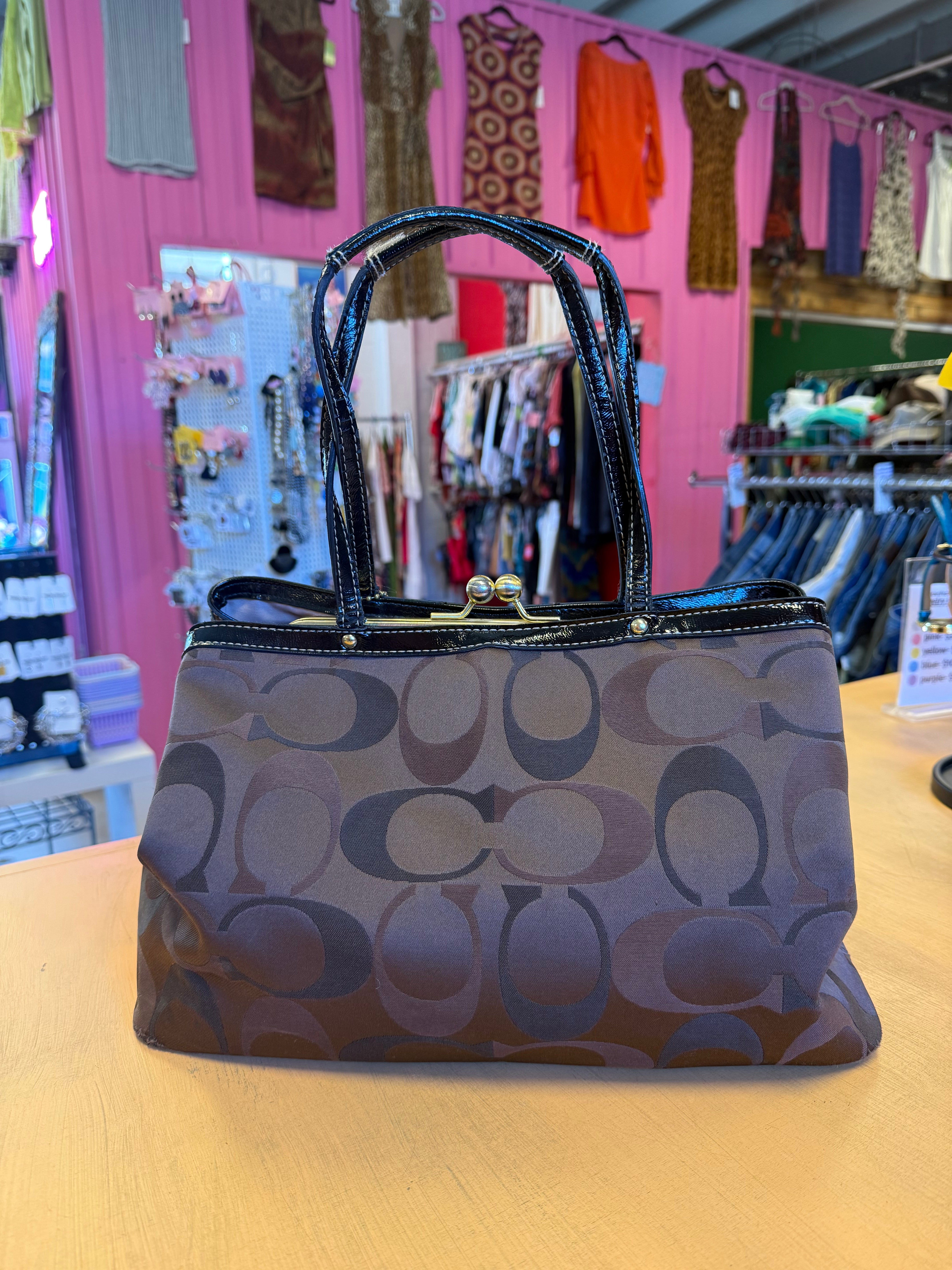 brown black coach monogram tote purse