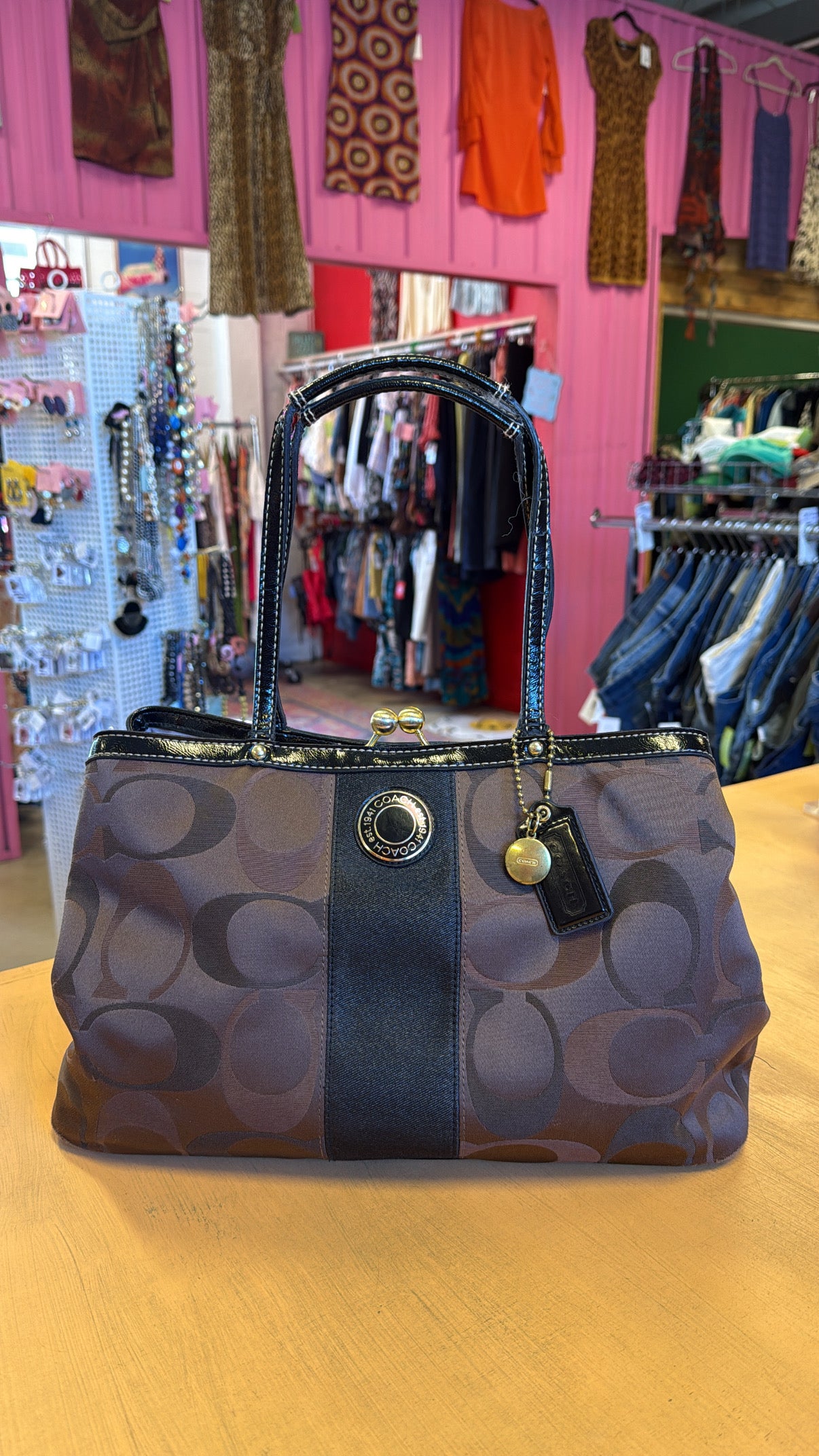 brown black coach monogram tote purse