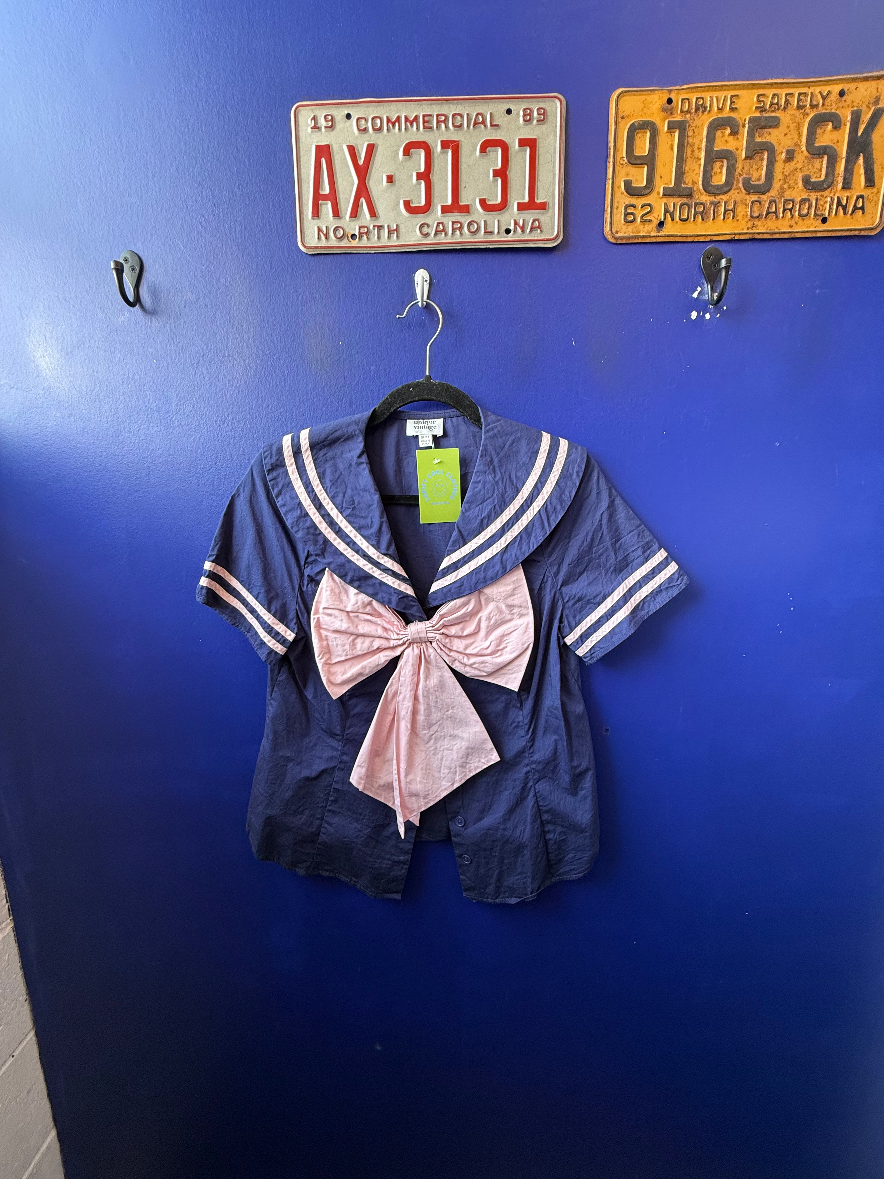Navy pink Unique vintage Sailor top, Xl