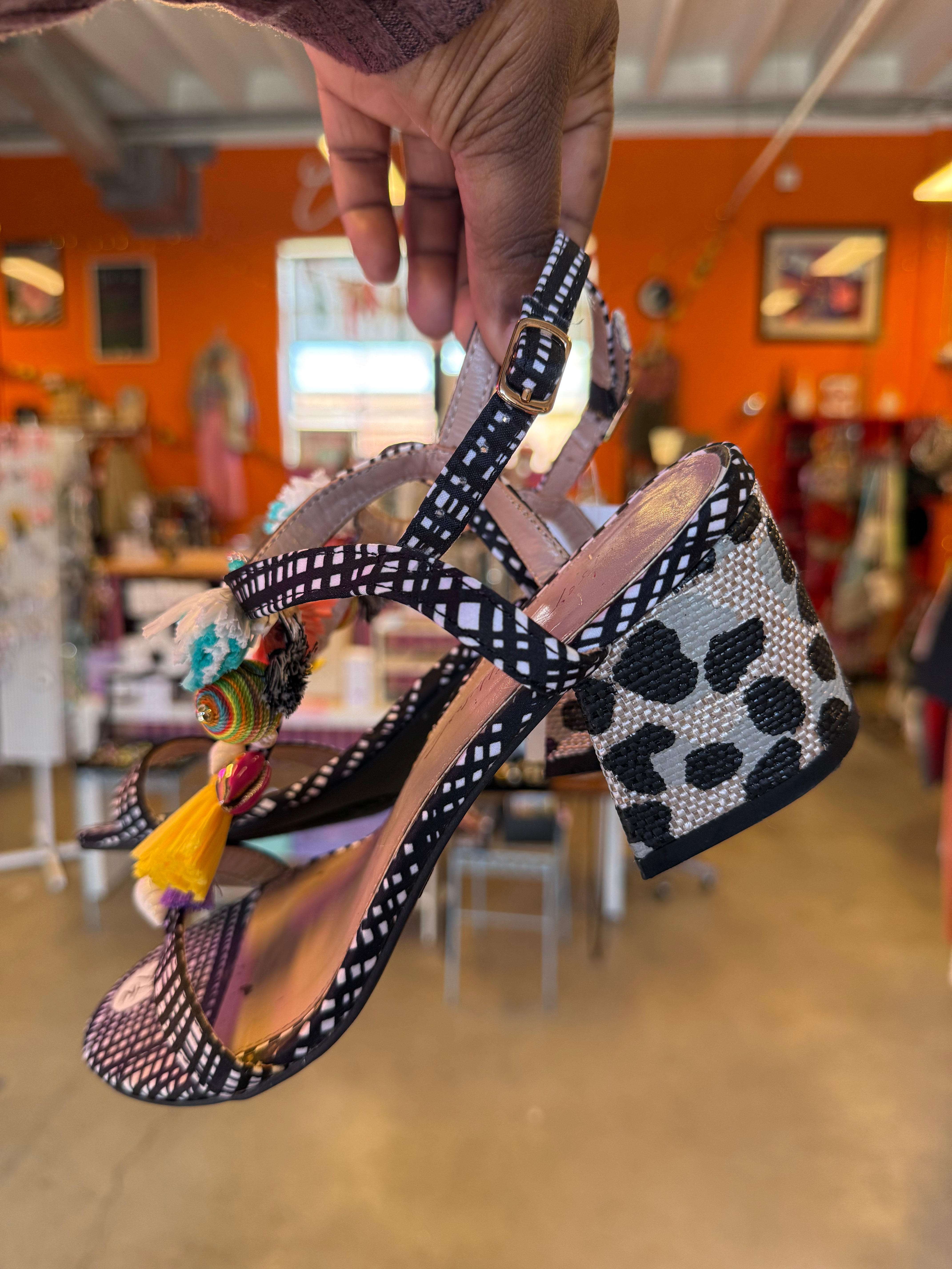 black white multi betsey johnson plaid embellished strappy heels, 7.5