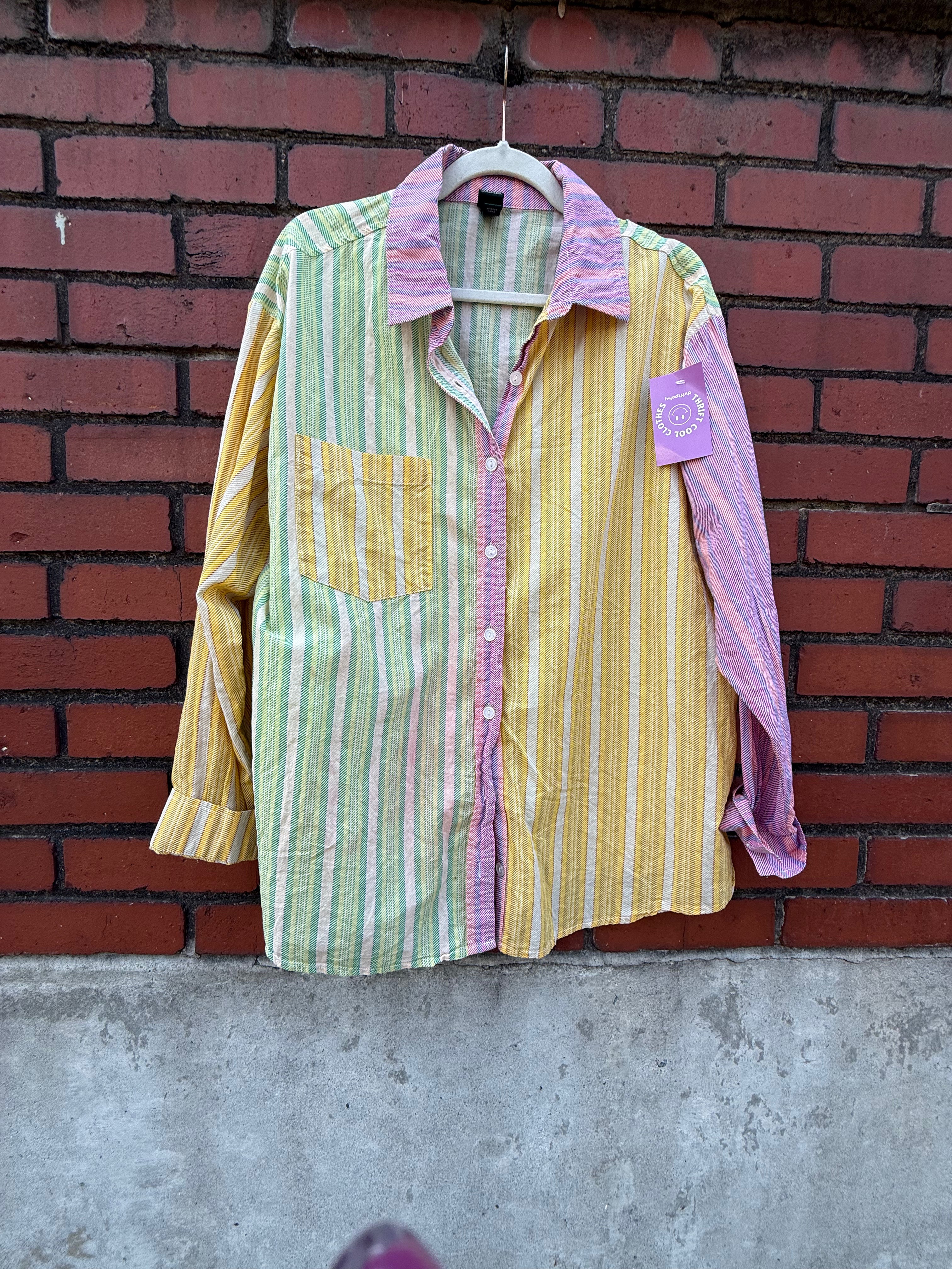 green yellow pink wild fable striped colorblock ls button up, xl