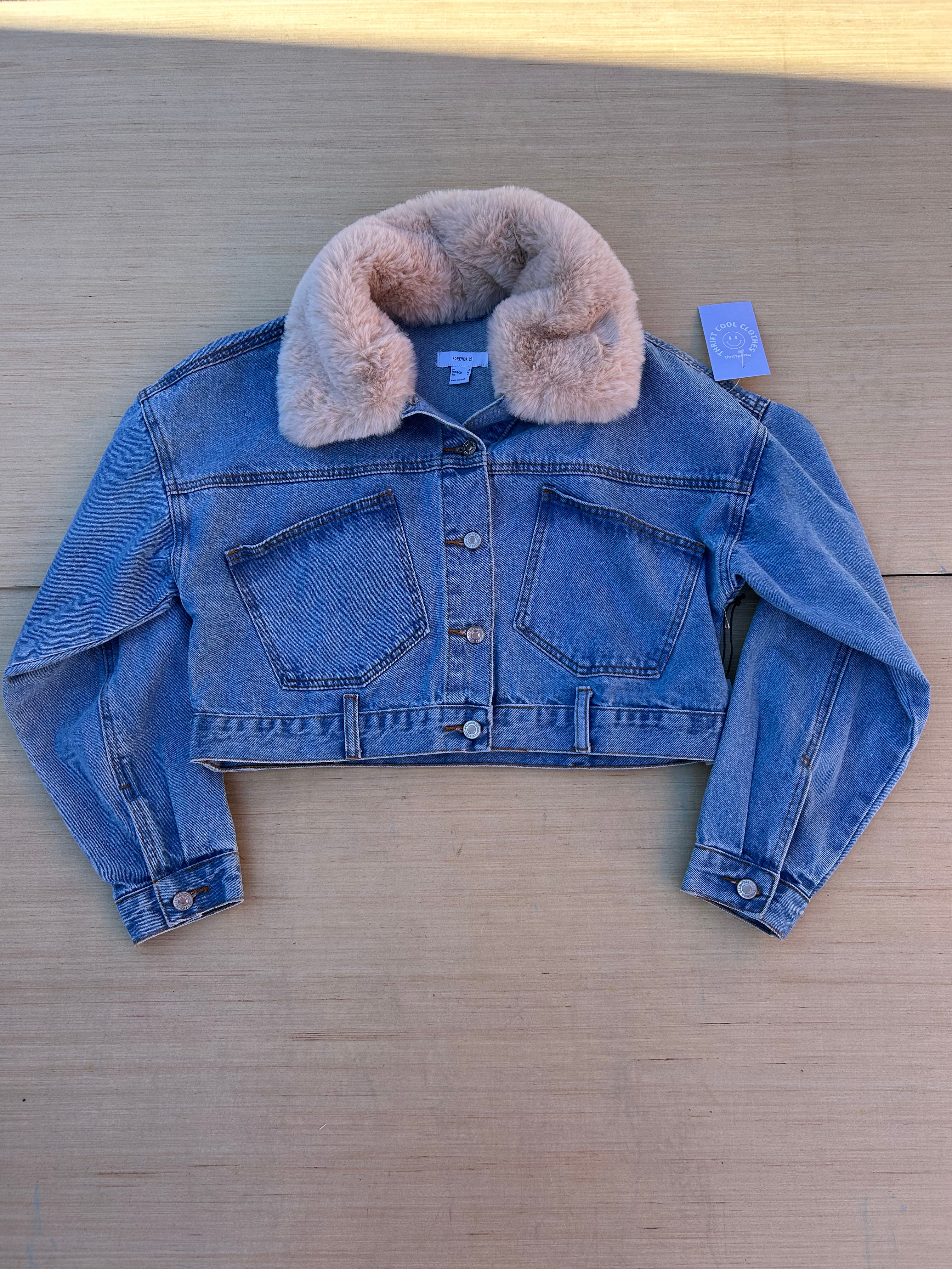 blue beige forever 21 denim jacket w faux fur collar, m
