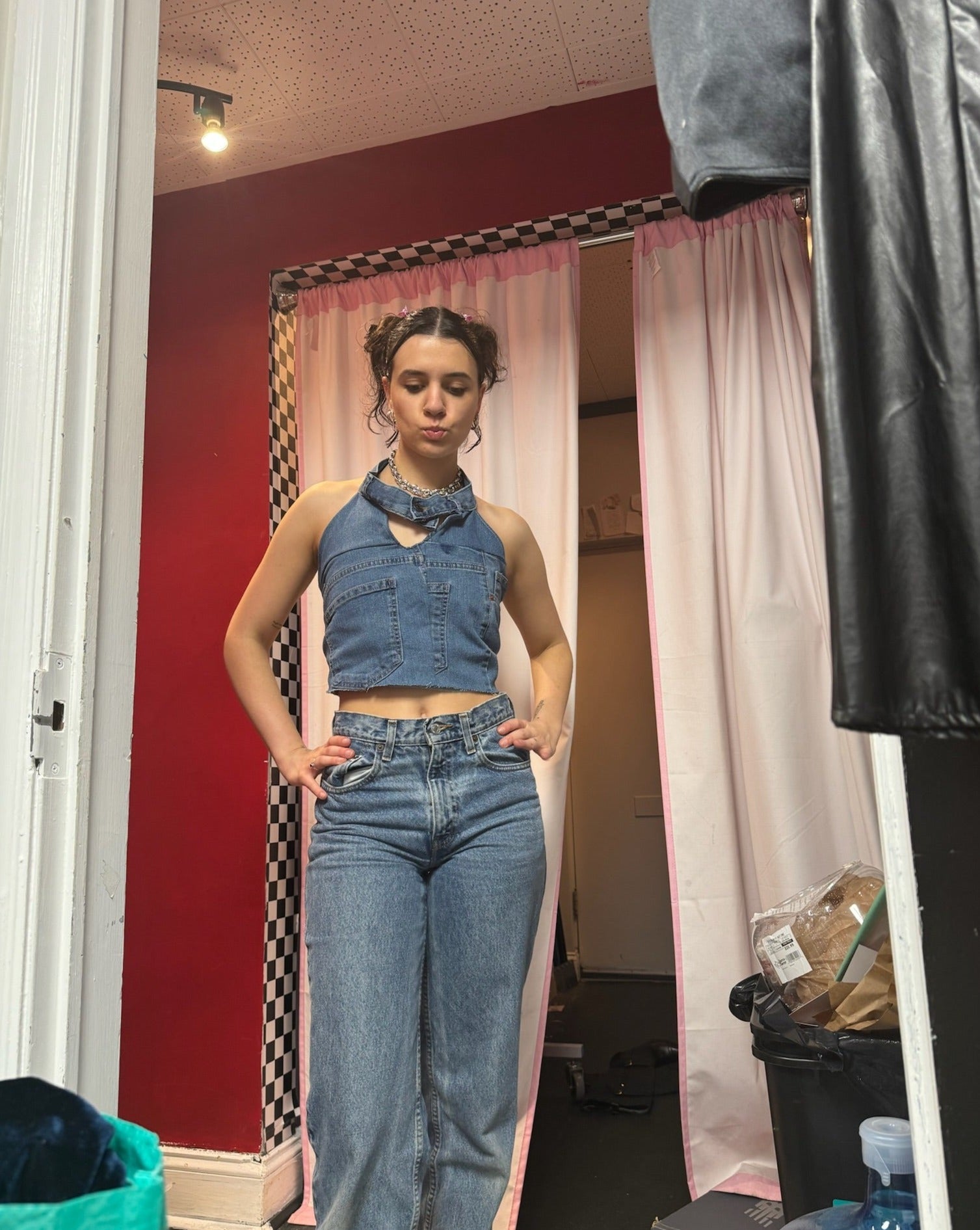 light blue  handmade upcycled denim cropped halter top, S
