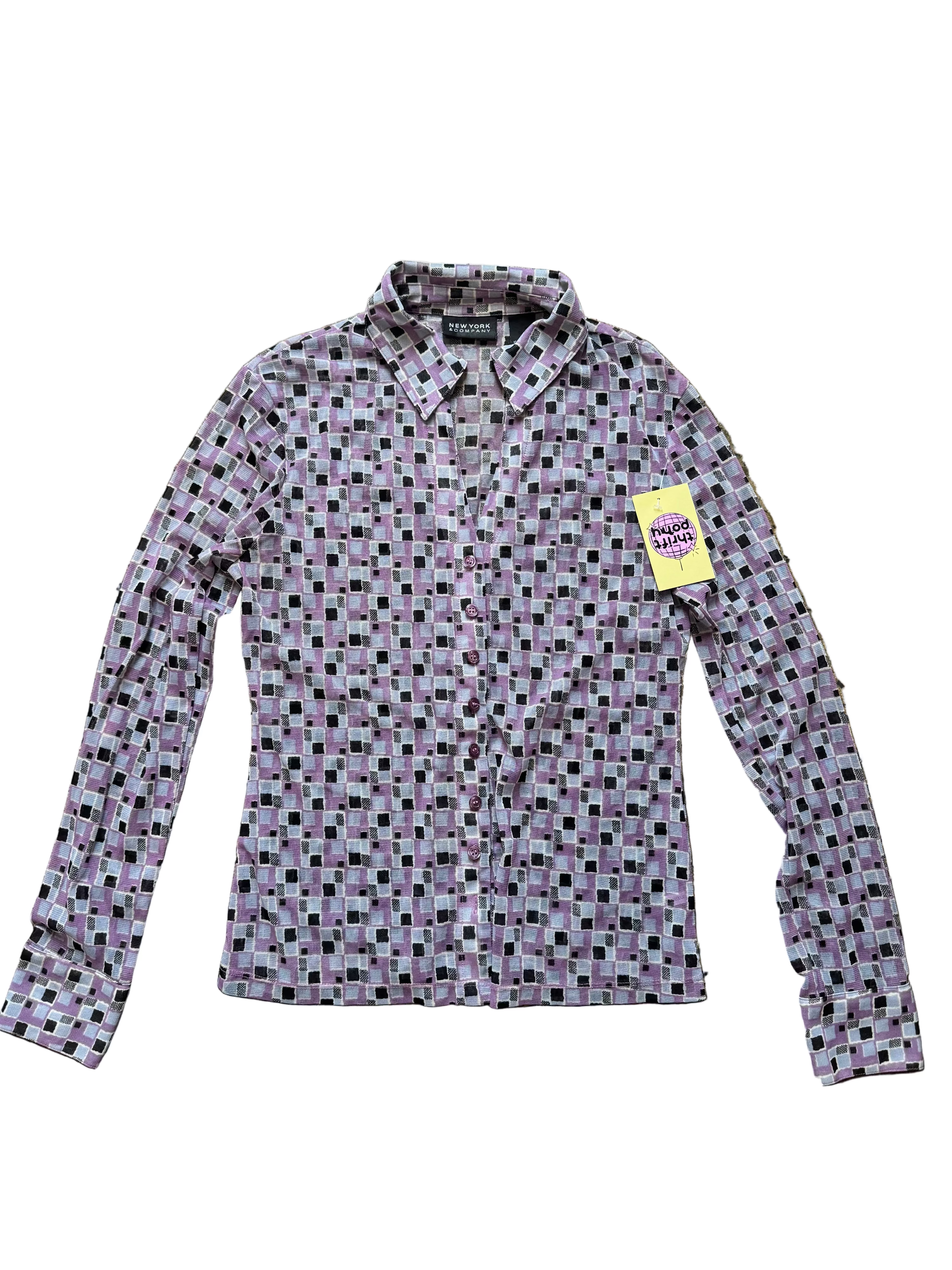 purple black new yprk & co mesh square ls button up, m