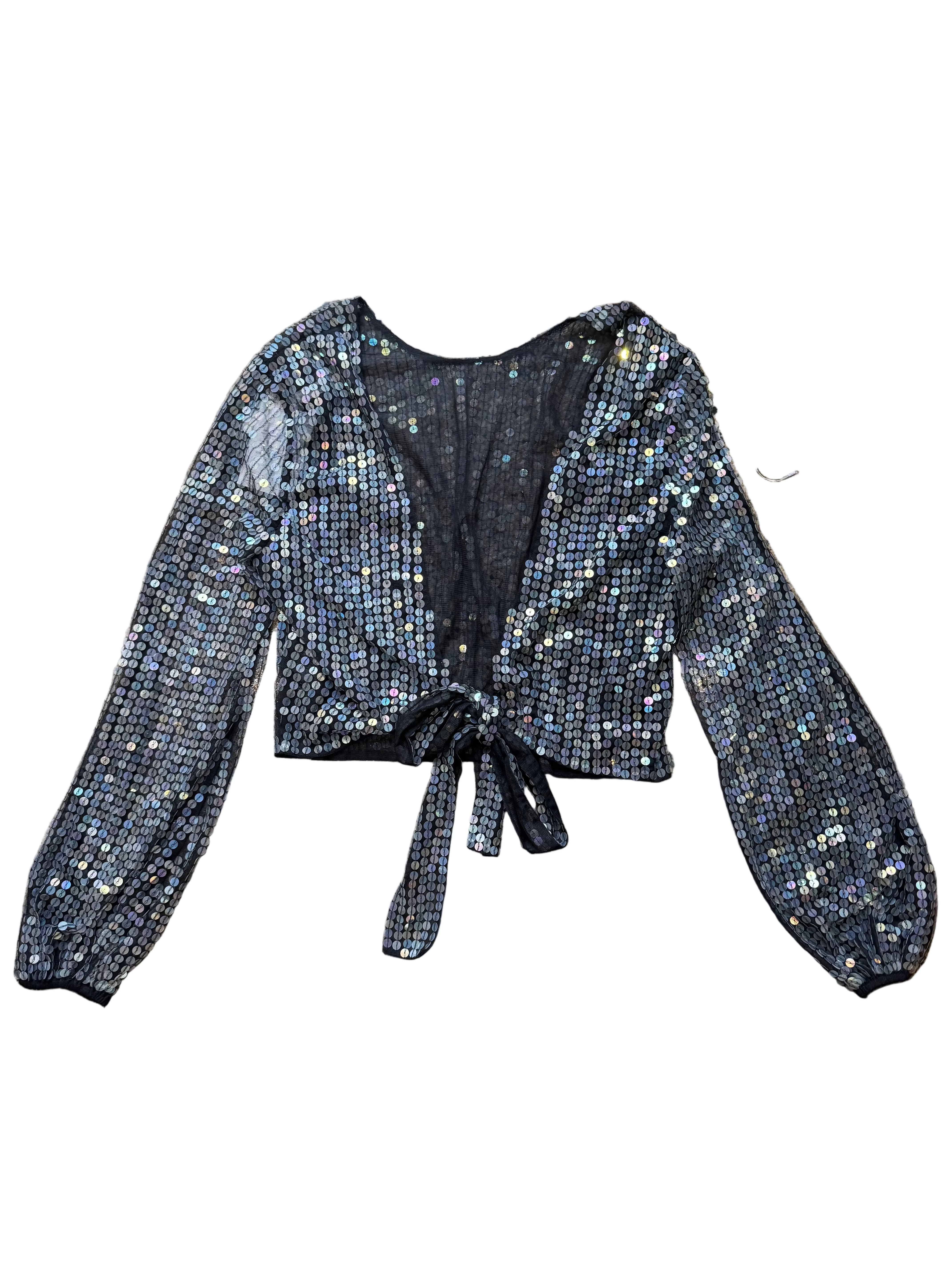 black asos sequin tie front ls top, 14