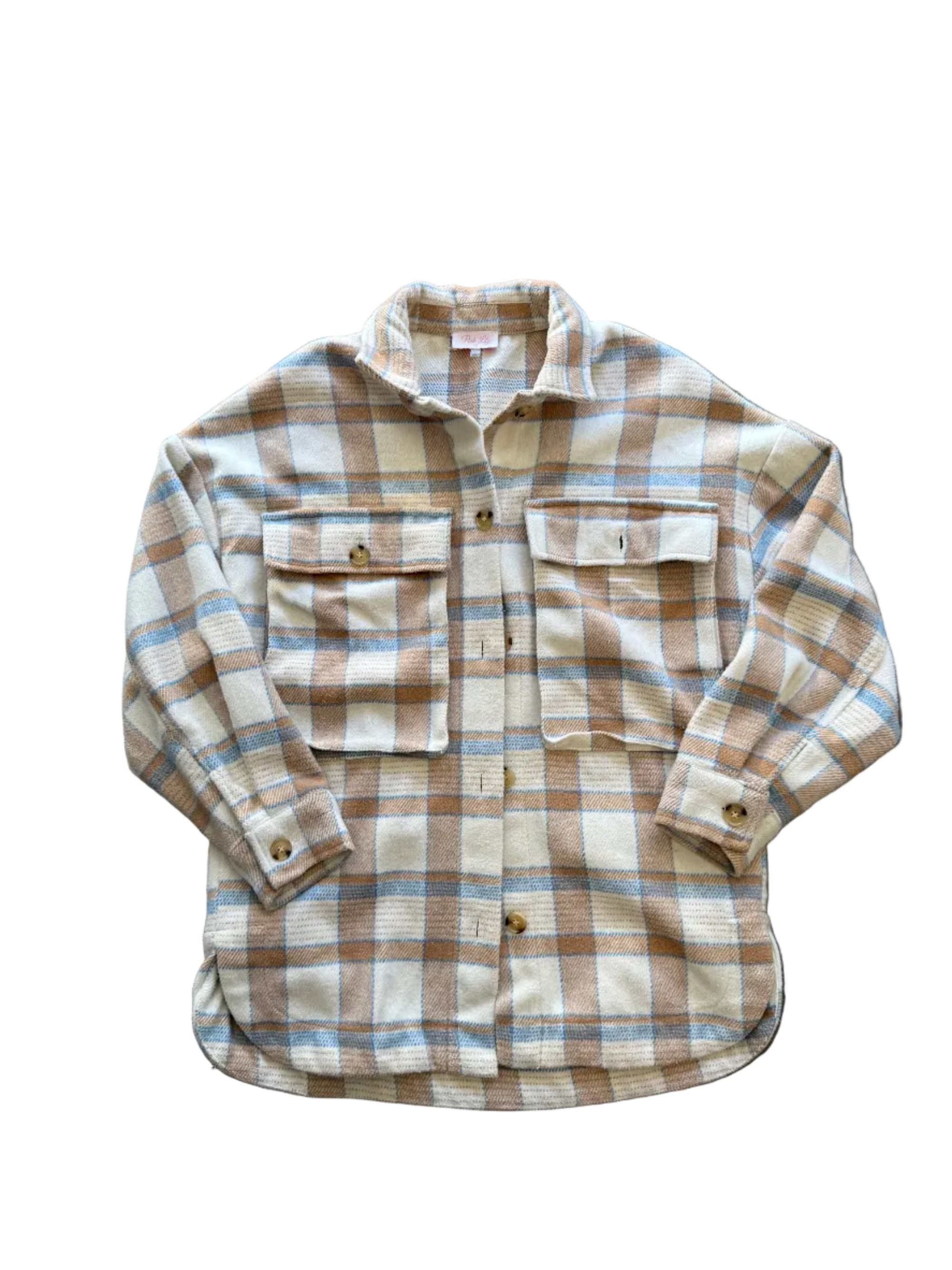 brown blue pink lily plaid shacket, s