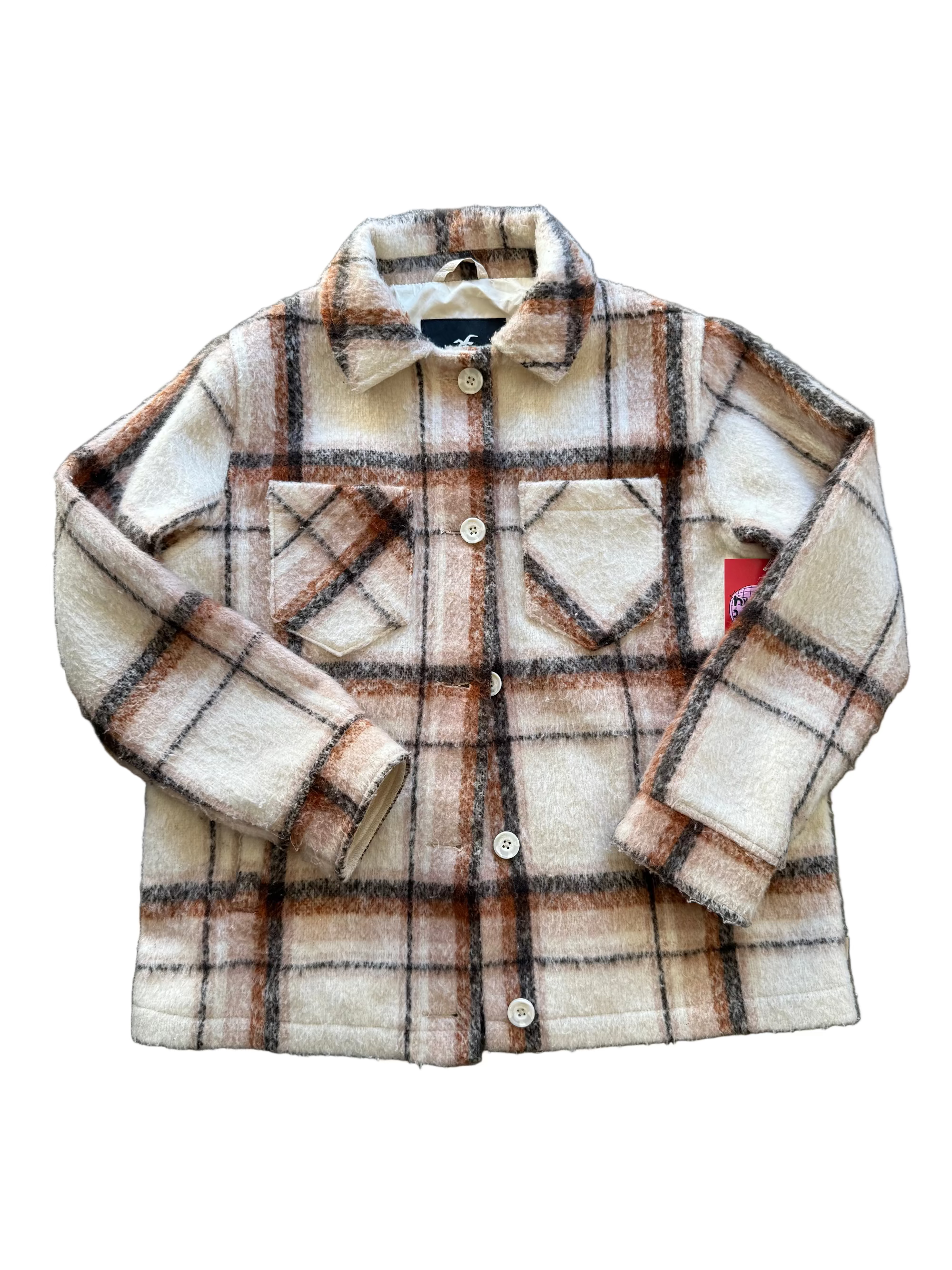 brown hollister plaid furry shacket, s