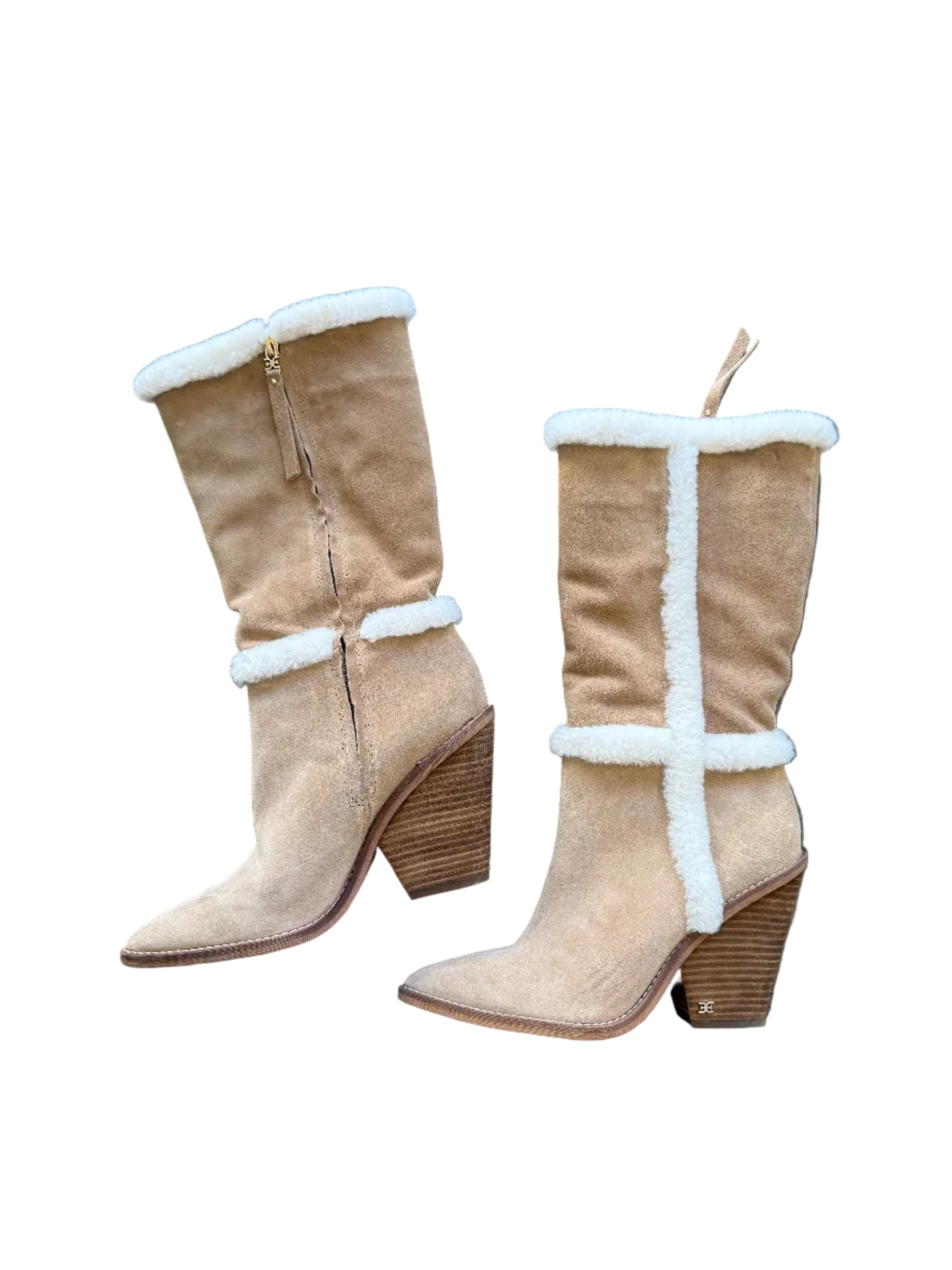 tan white sam edelman heeled boots w fur details, 8.5