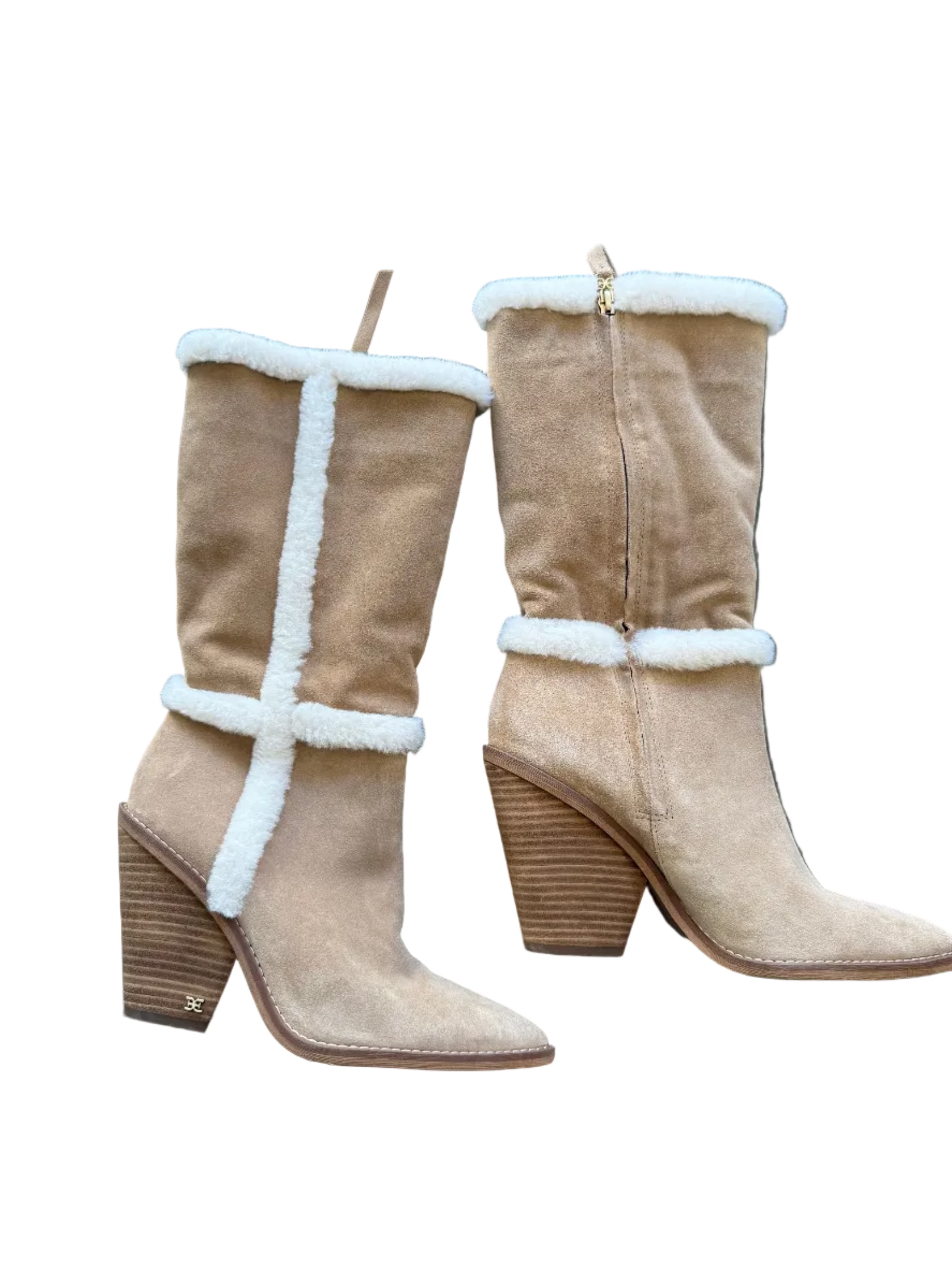 tan white sam edelman heeled boots w fur details, 8.5