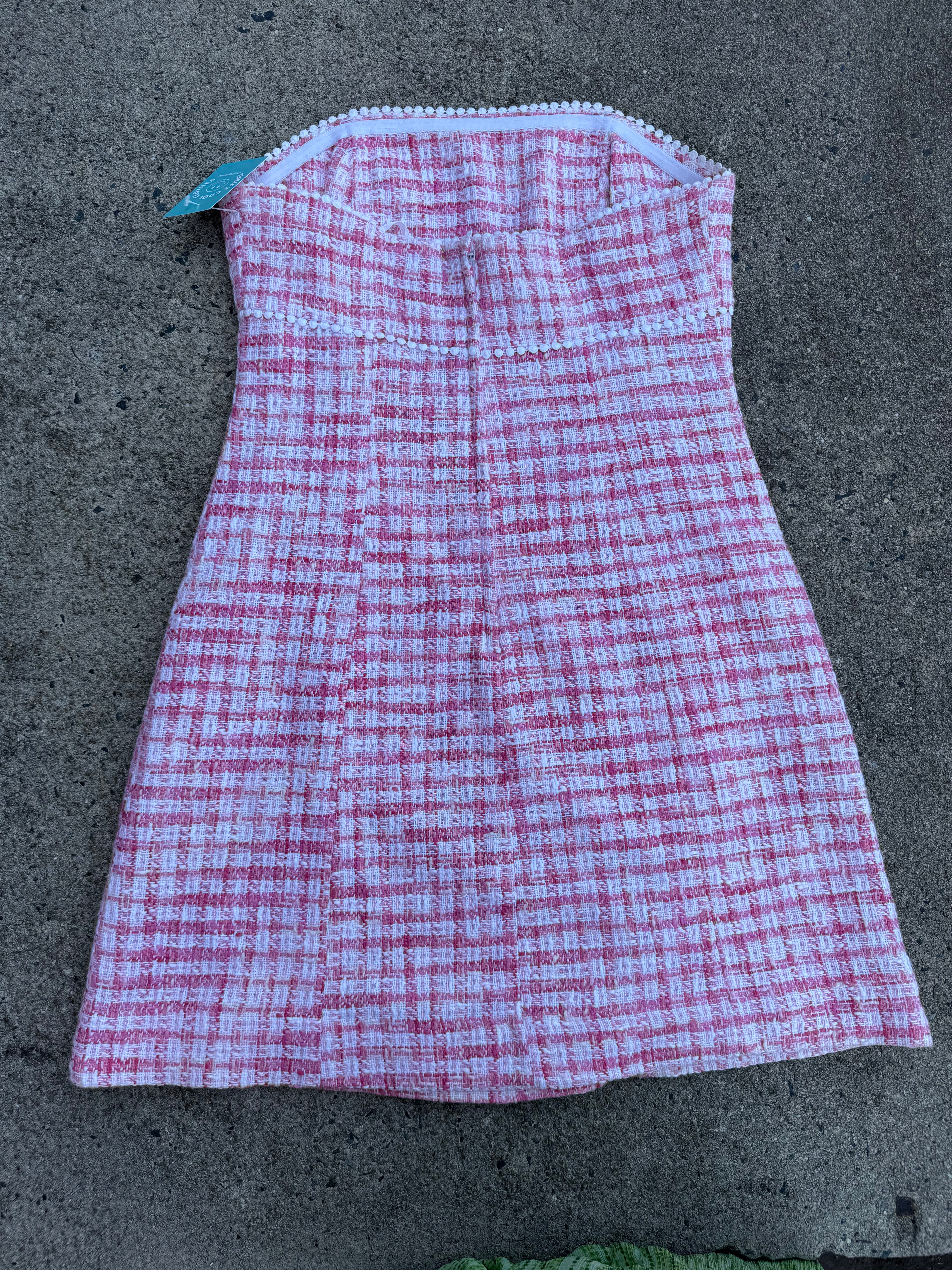 pink white lilly pulitzer strapless tweed dress, 10
