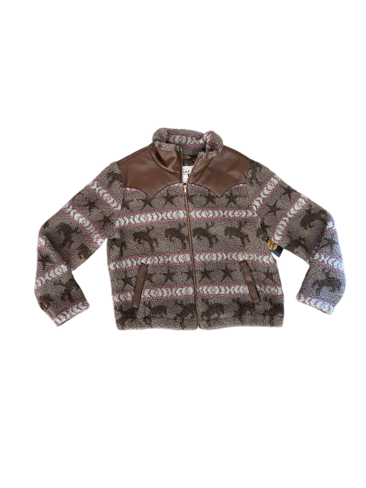 brown pink ariat sherpa horse zip up, L