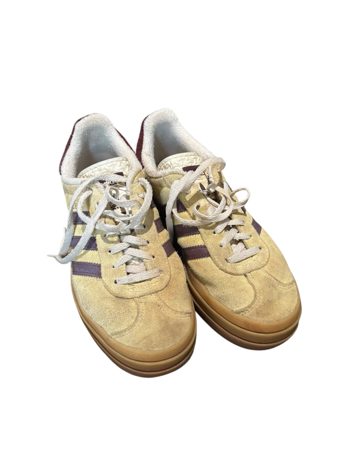 yellow burgundy adidas platform gazelles, 7