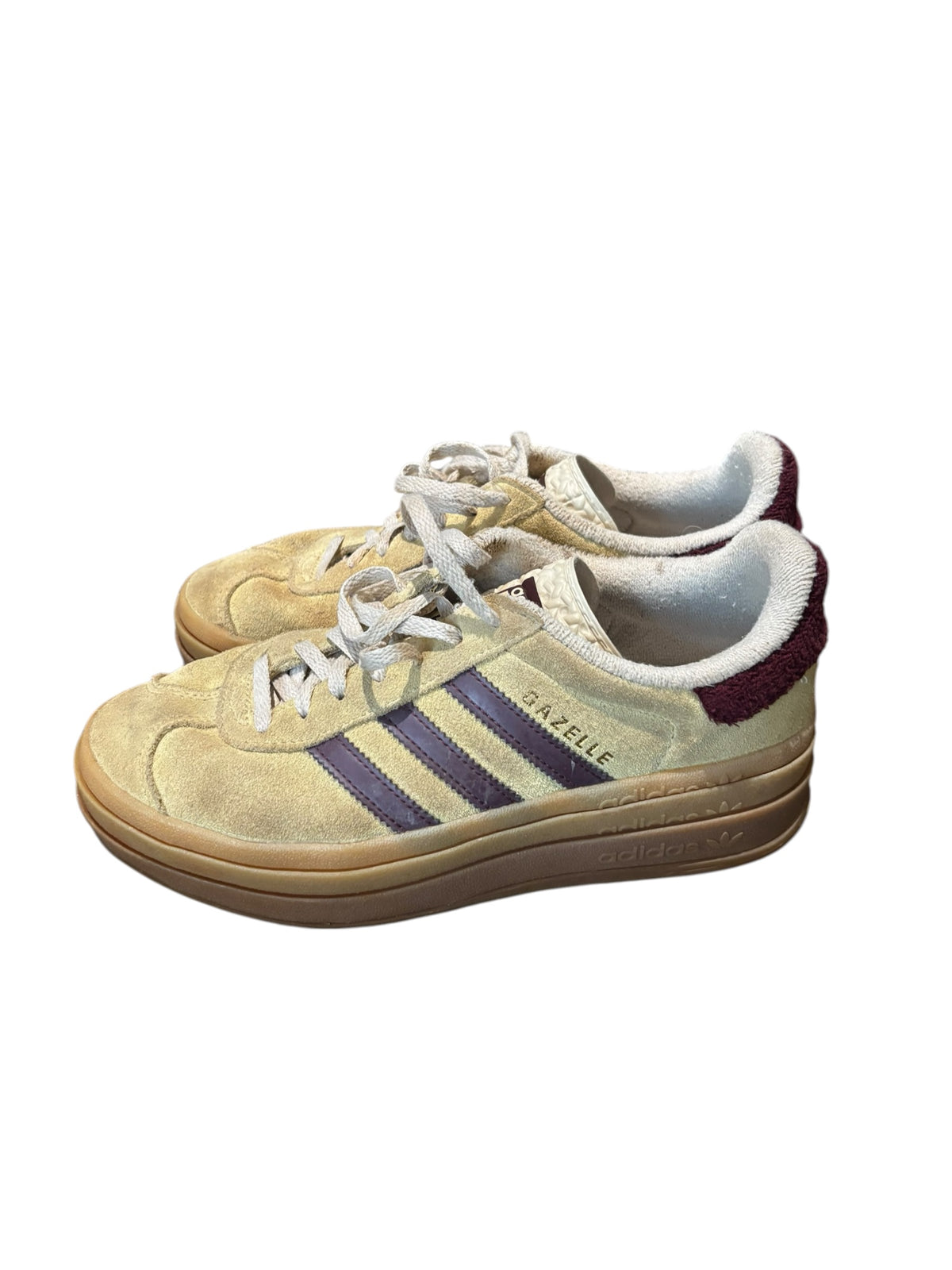 yellow burgundy adidas platform gazelles, 7