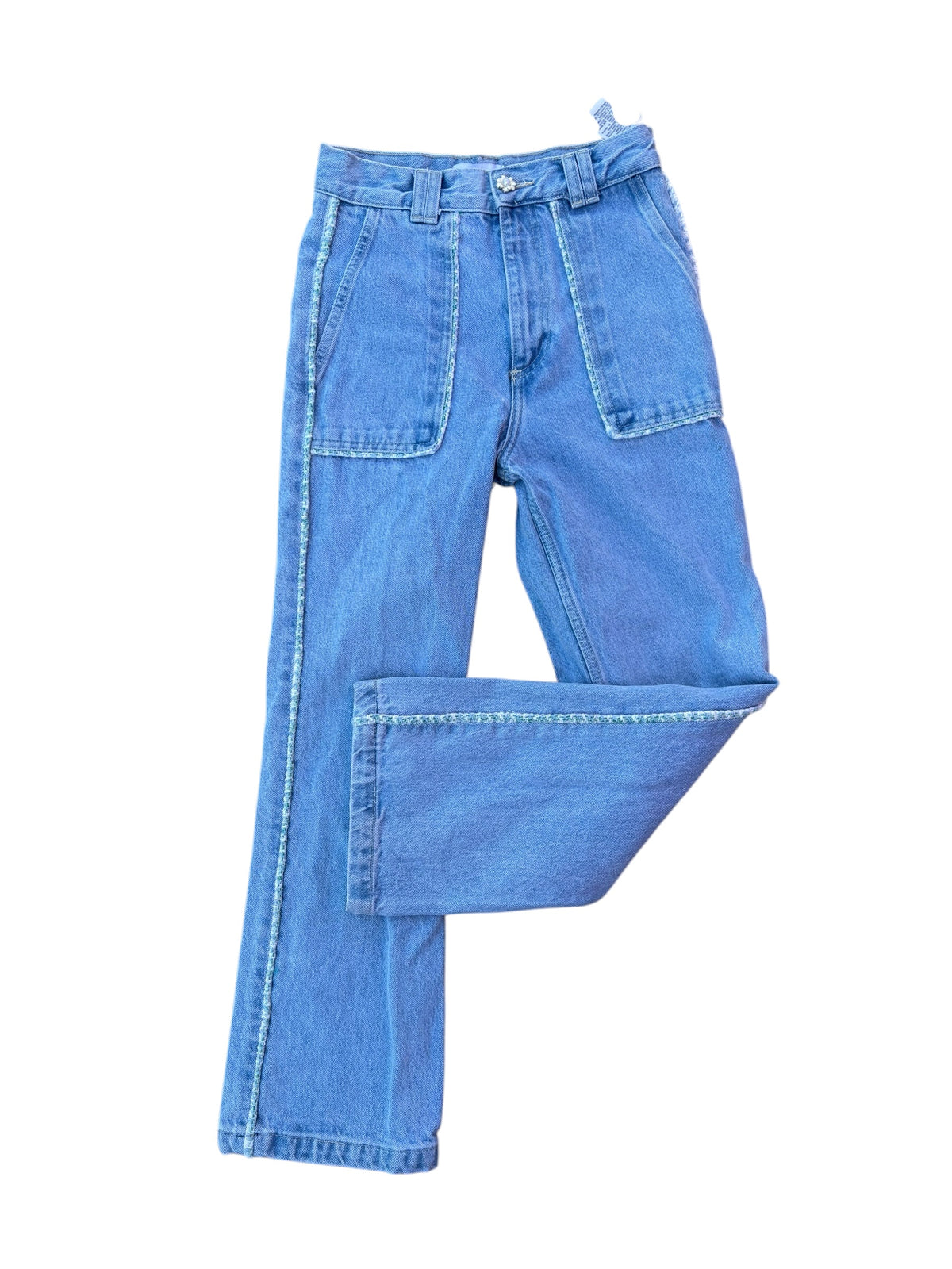 light wash zara streaight leg embroider trim jeans, 2