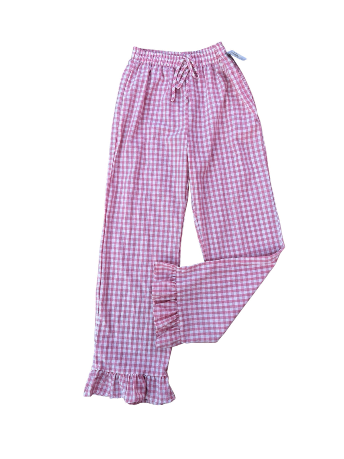 pink white  gingham ruffle bottom pants, s
