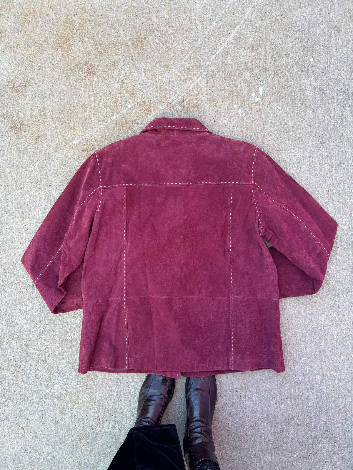 maroon denim & co stitch lined leather jacket, XL
