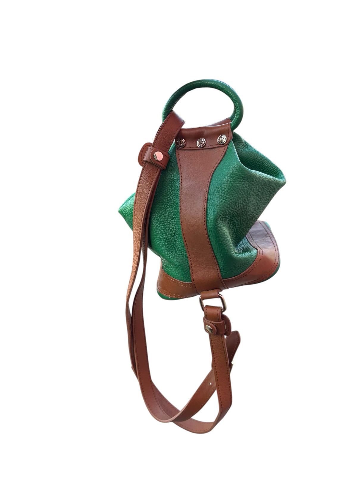 green brown valentina leather two tone bucket bag