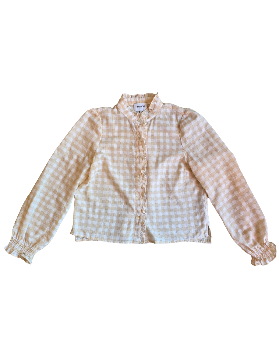 cream white frnch nwt gingham blouse w ruffle, s