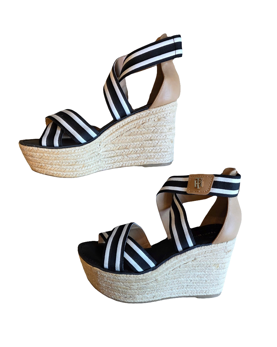 black brown tommy hilfiger striped wedges, 8