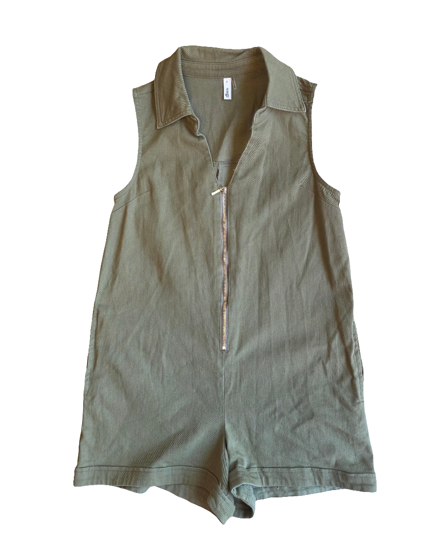 green glam sleeveless denim romper, s