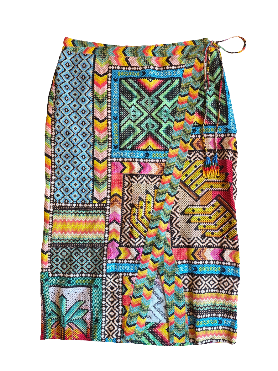 rainbow farm rio patterned wrap skirt, L