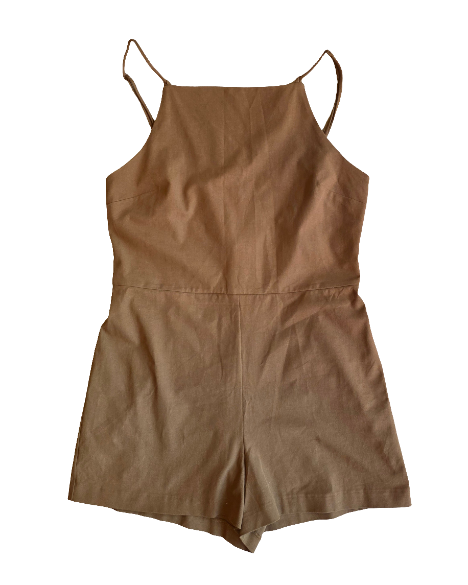 brown maeve lace up romper, m