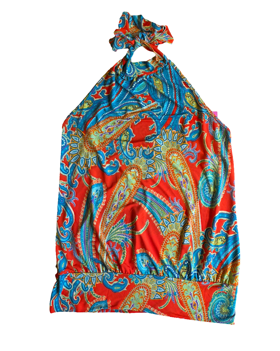 Orange blue Judy Knapp Paisley halter top, 1x