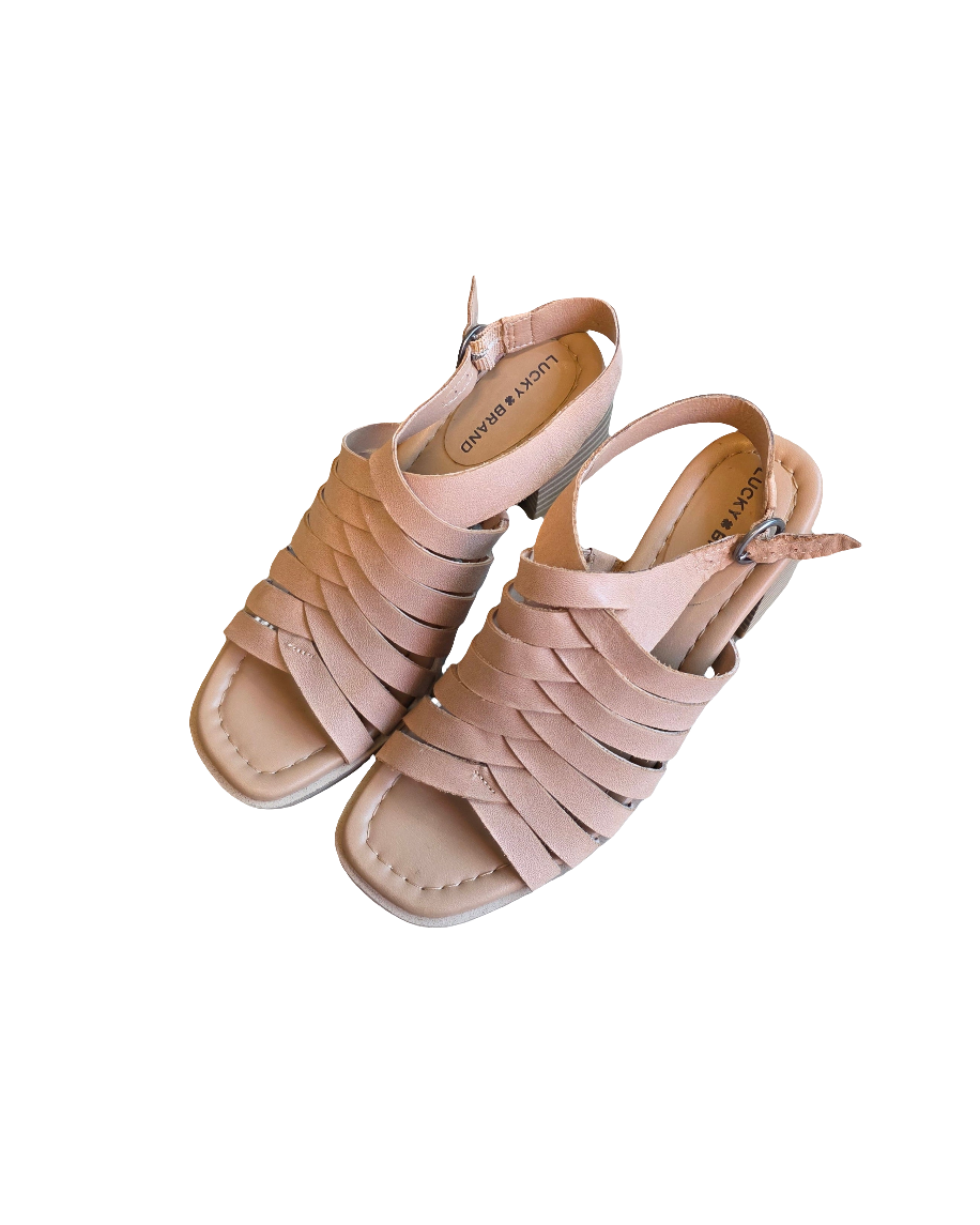tan Lucky Brand block heel sandals, 6m