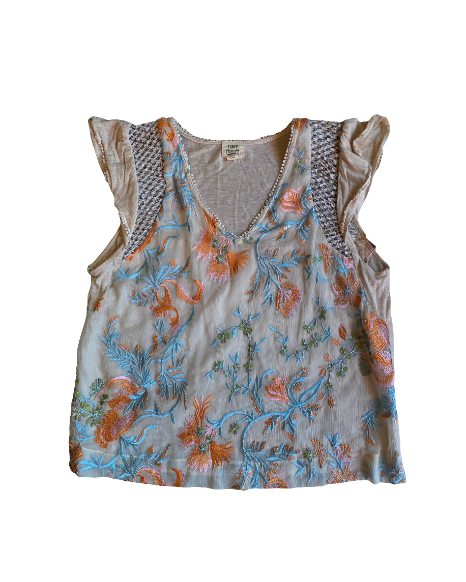 beige blue orange tiny petites embroider cap sleeve blouse, Mp
