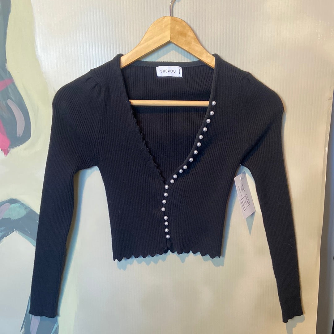 Black Shekou Cardigan w pearls, S