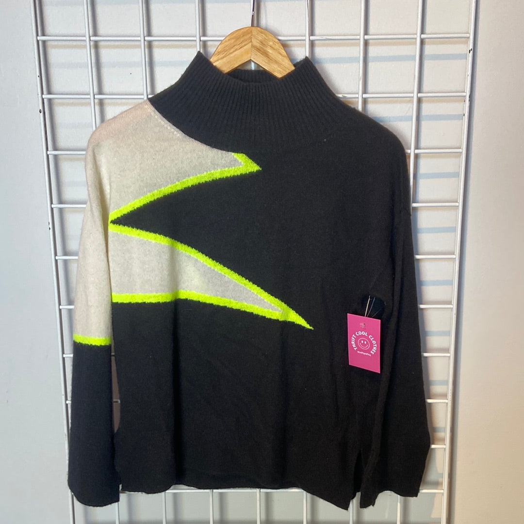 black neon green white Brodie fine cashmere Funky zig zag cashmere Sweater, S