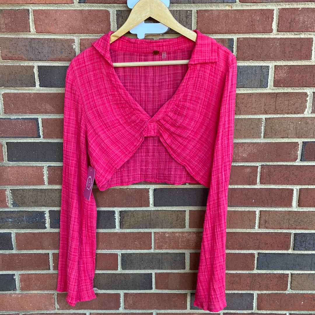 neon pink Free people linen cropped button up, S