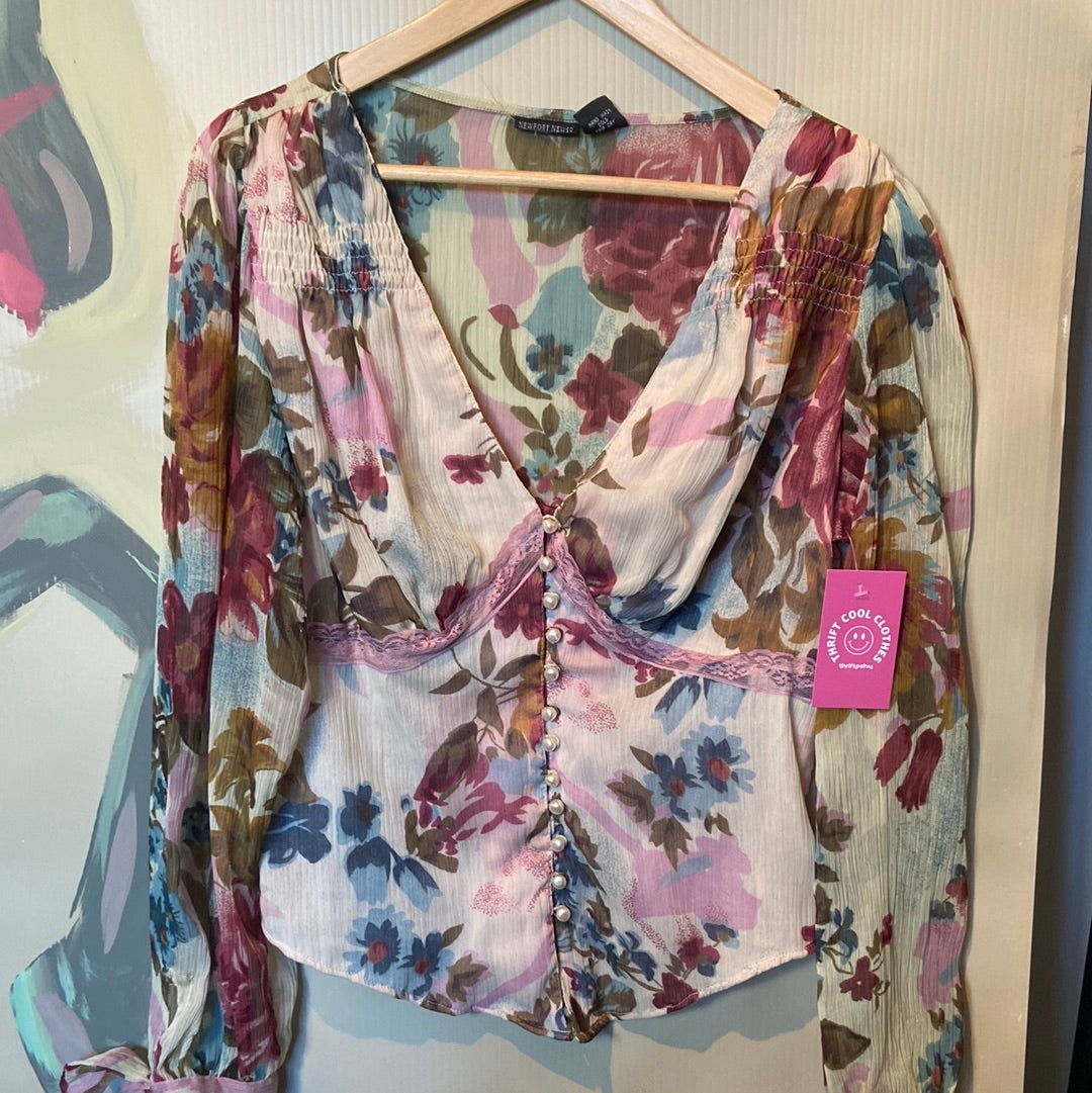 Pink/cream/blue Newport news Floral long sleeve Pearl buttons, 14