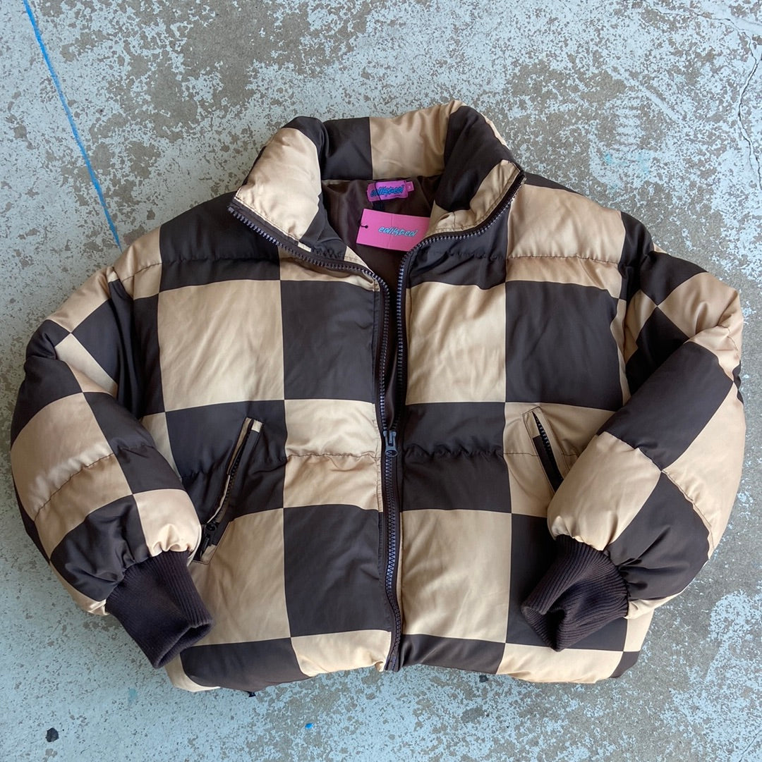Brown Edikted NWT Checkered Cropped Puffer, M