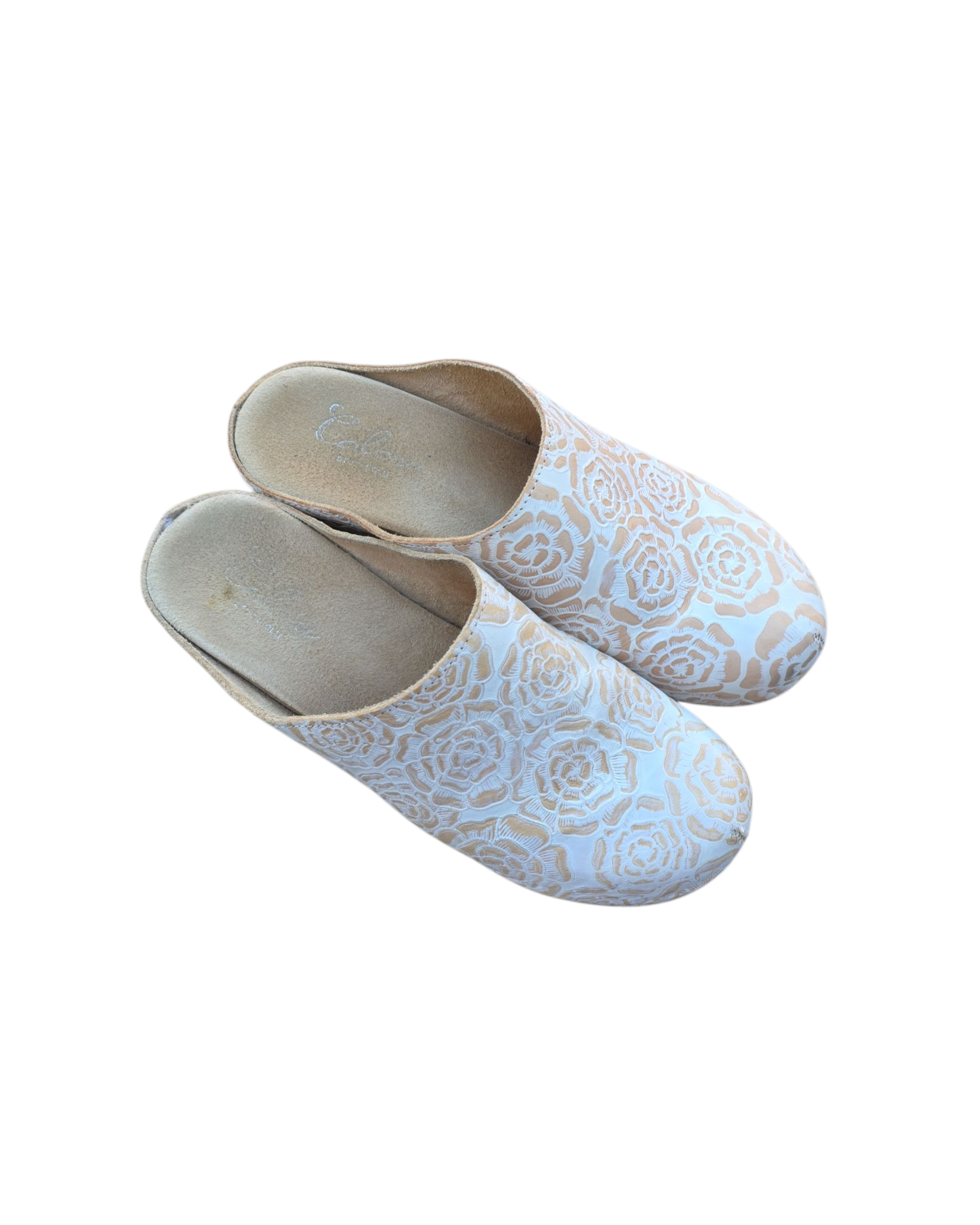beige white calon rose clogs, 37