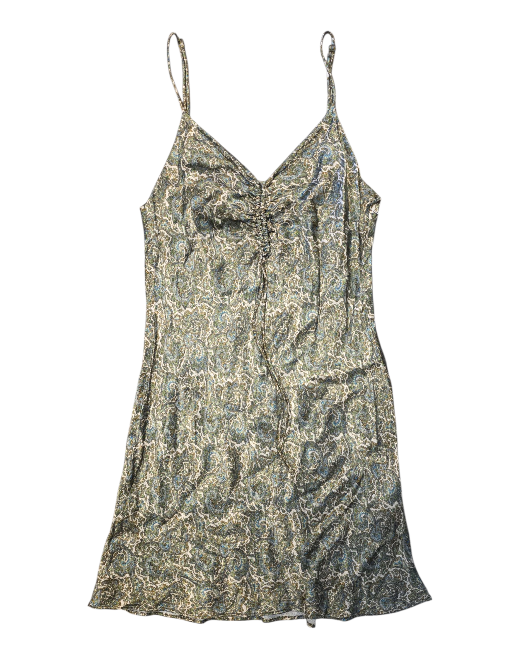 green zara paisley satin dress, xs