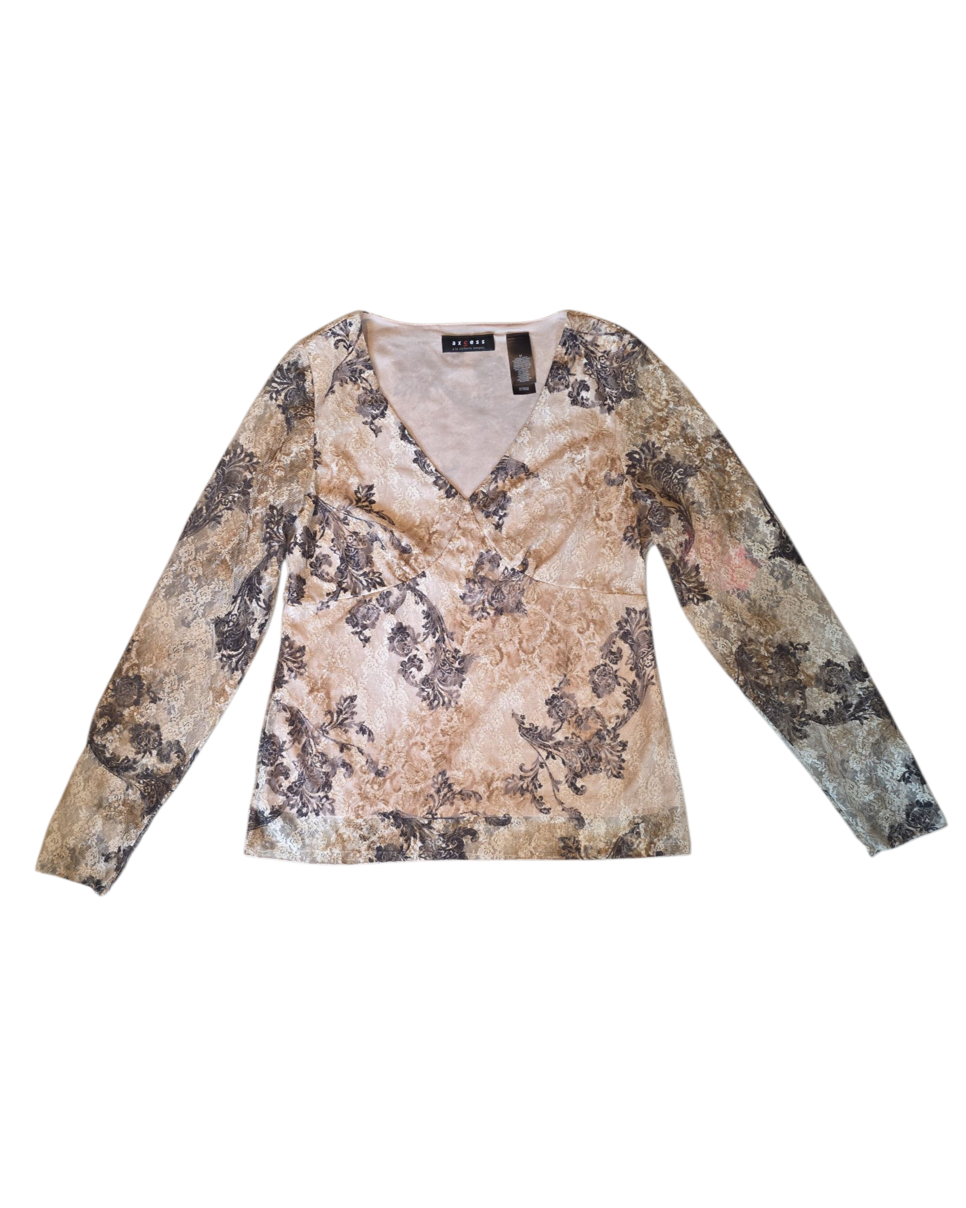 beige black axcess lace v neck ls, M