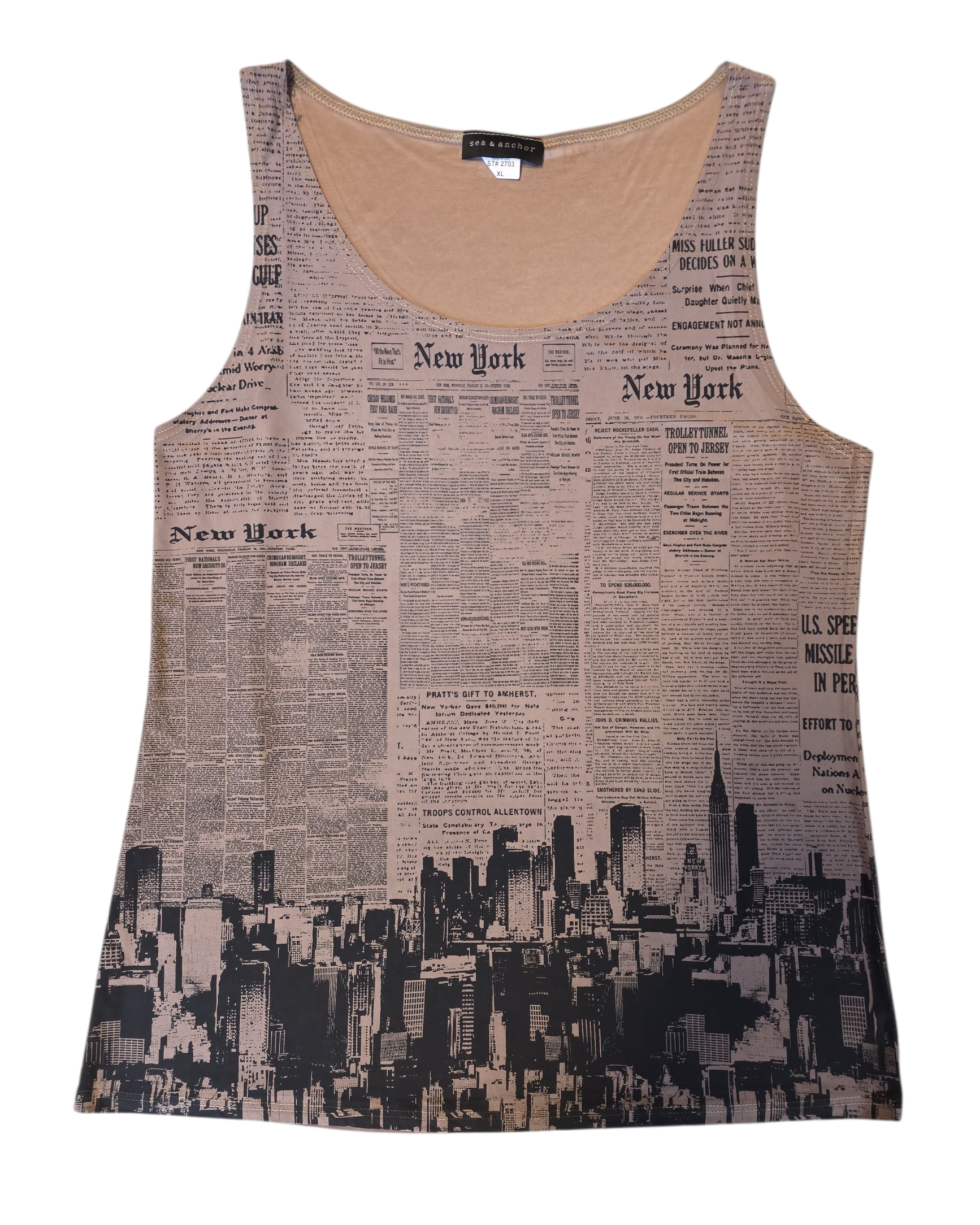 tan and black sea and anchor city printed tank, XL
