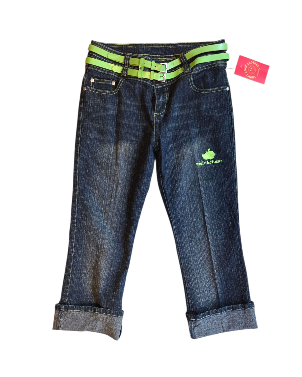 dark wash green belt apple bottoms capri denim, 7