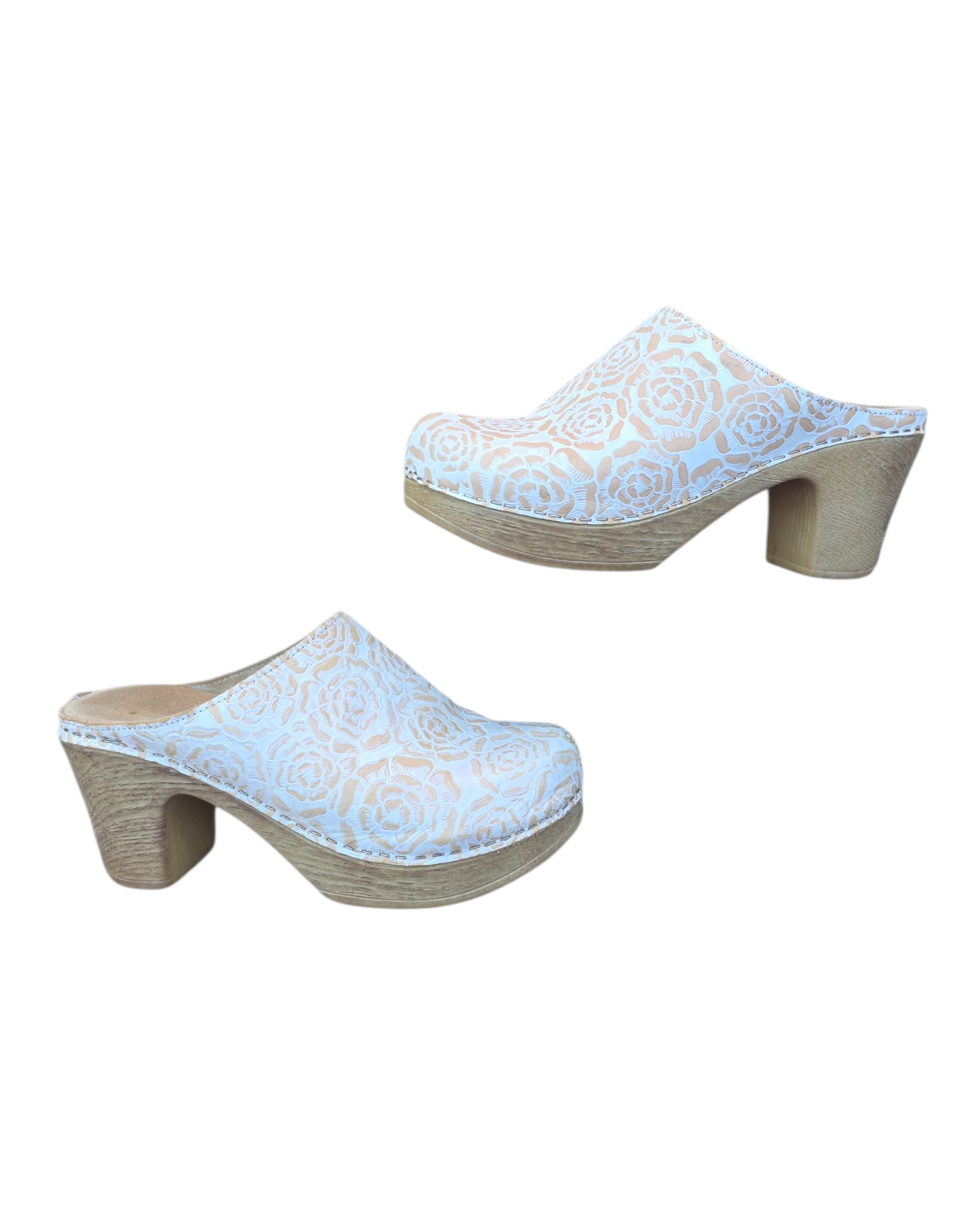 beige white calon rose clogs, 37