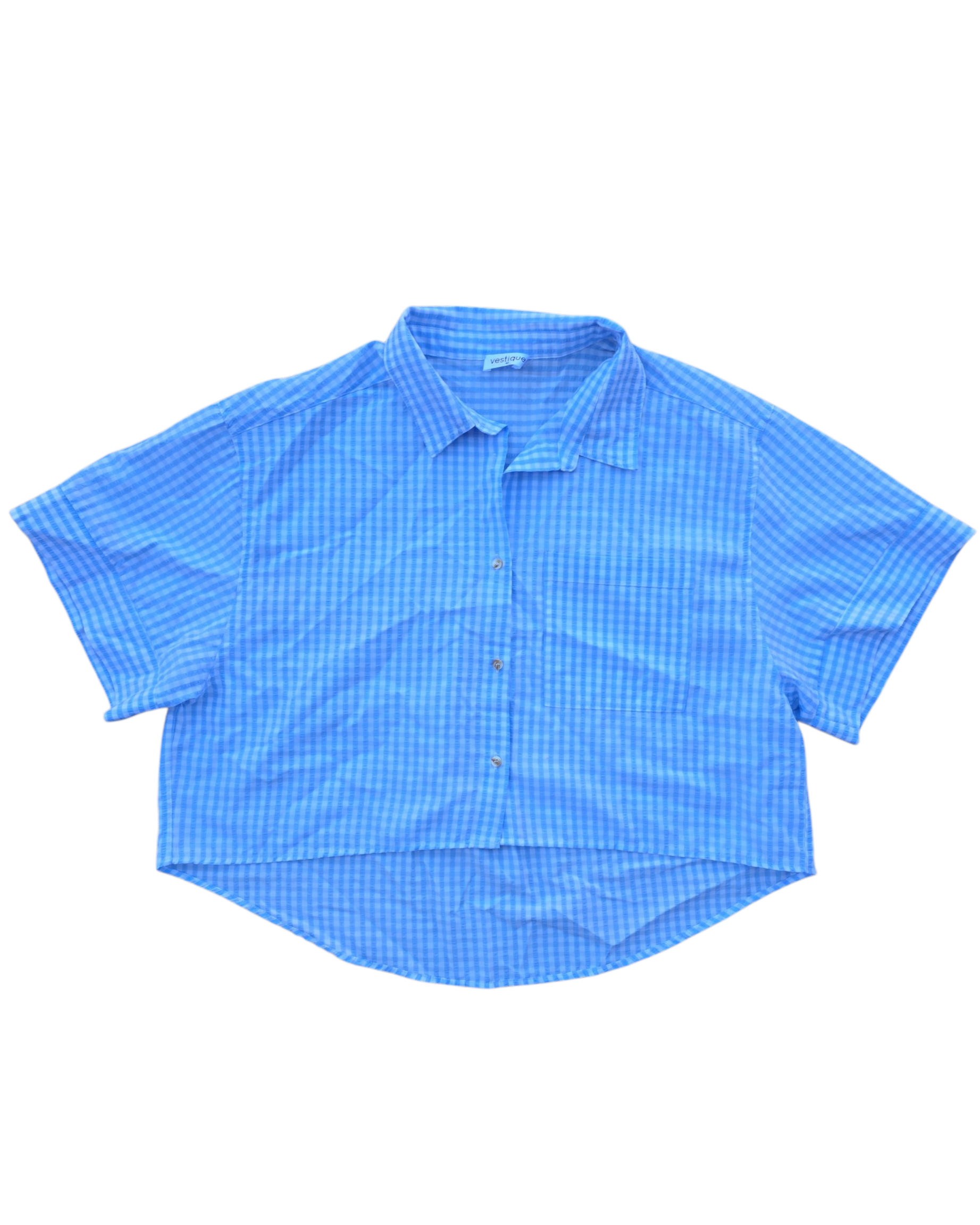 blue white Vestique gingham button up, m