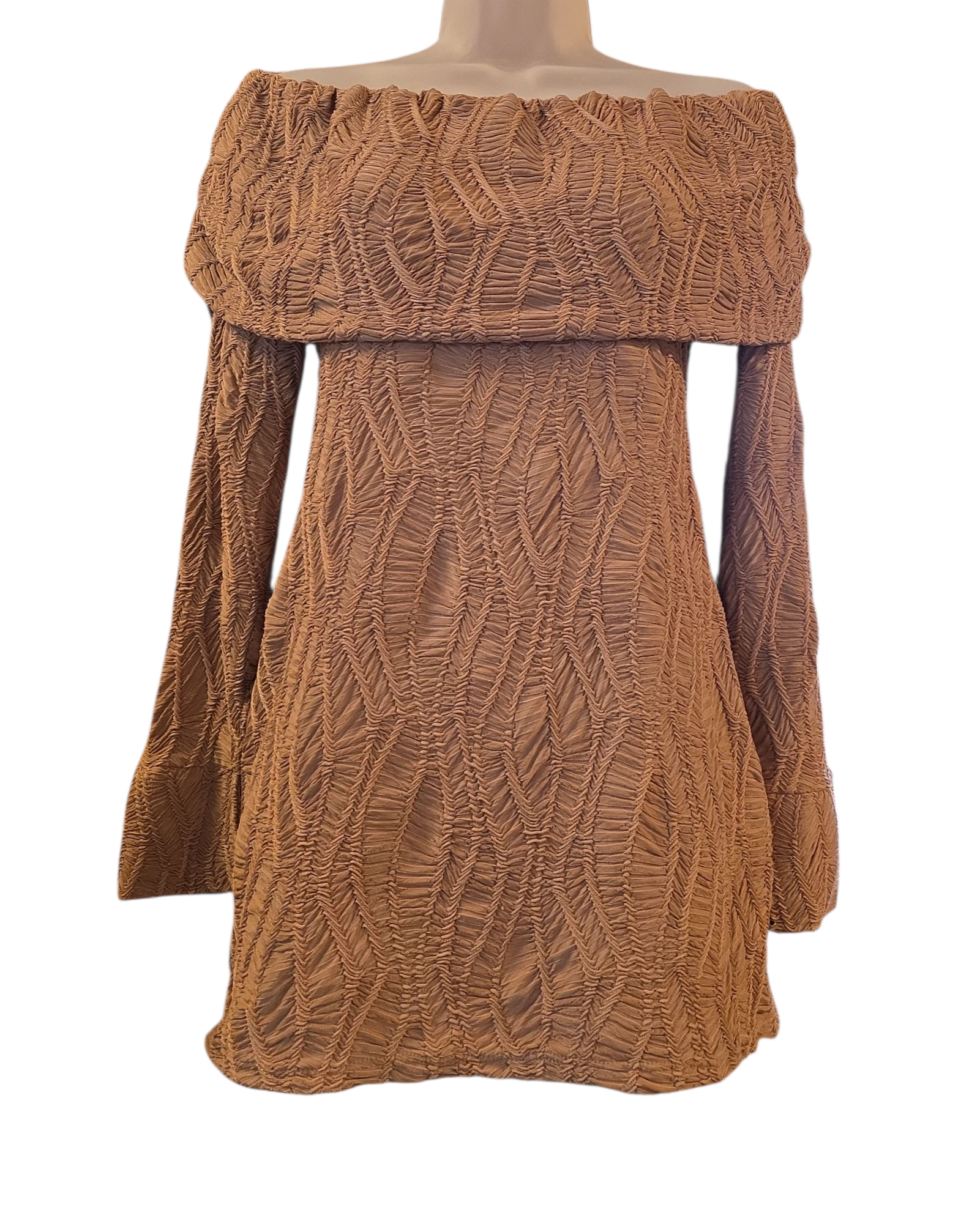 tan boohoo off shoulder ls top, 12