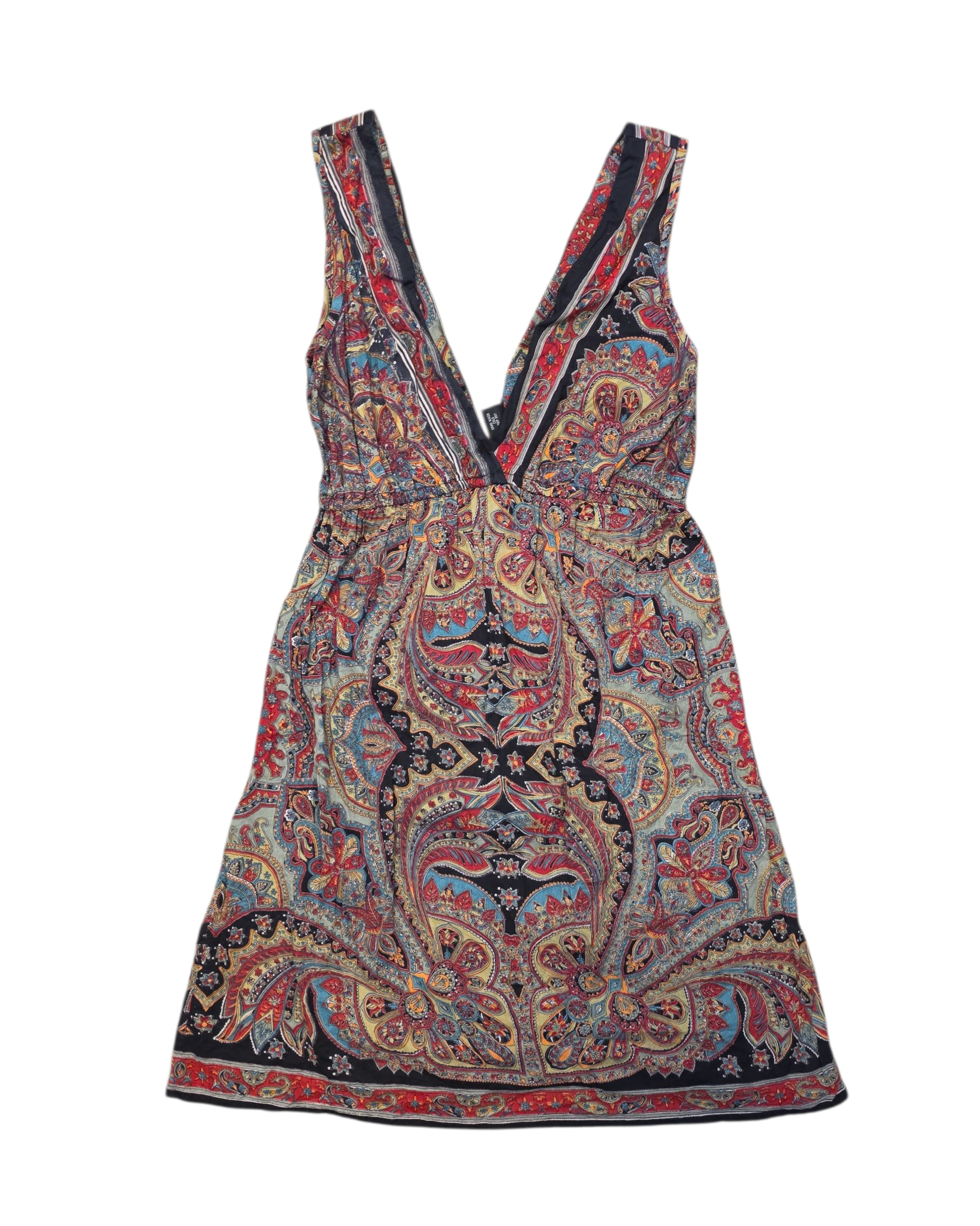 black fuschia teal angie paisley print vneck short linen dress, M