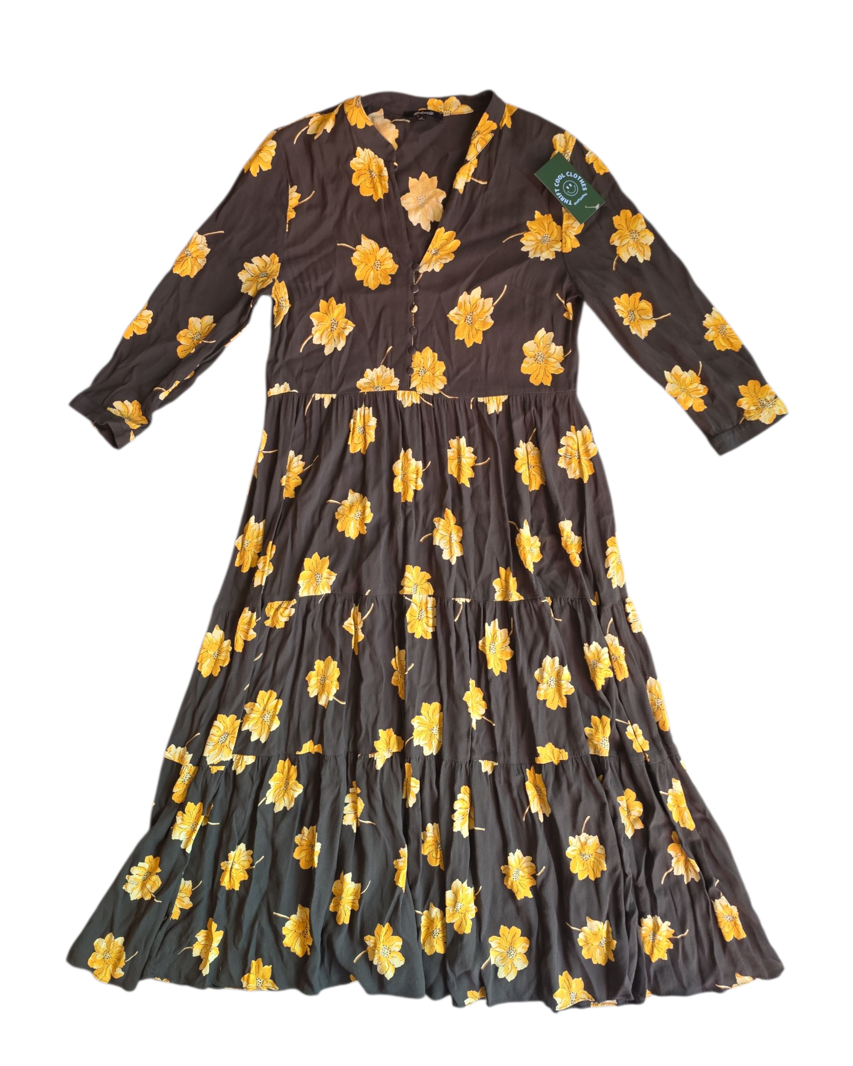 green yellow madewell floral midi dress w buttons, s
