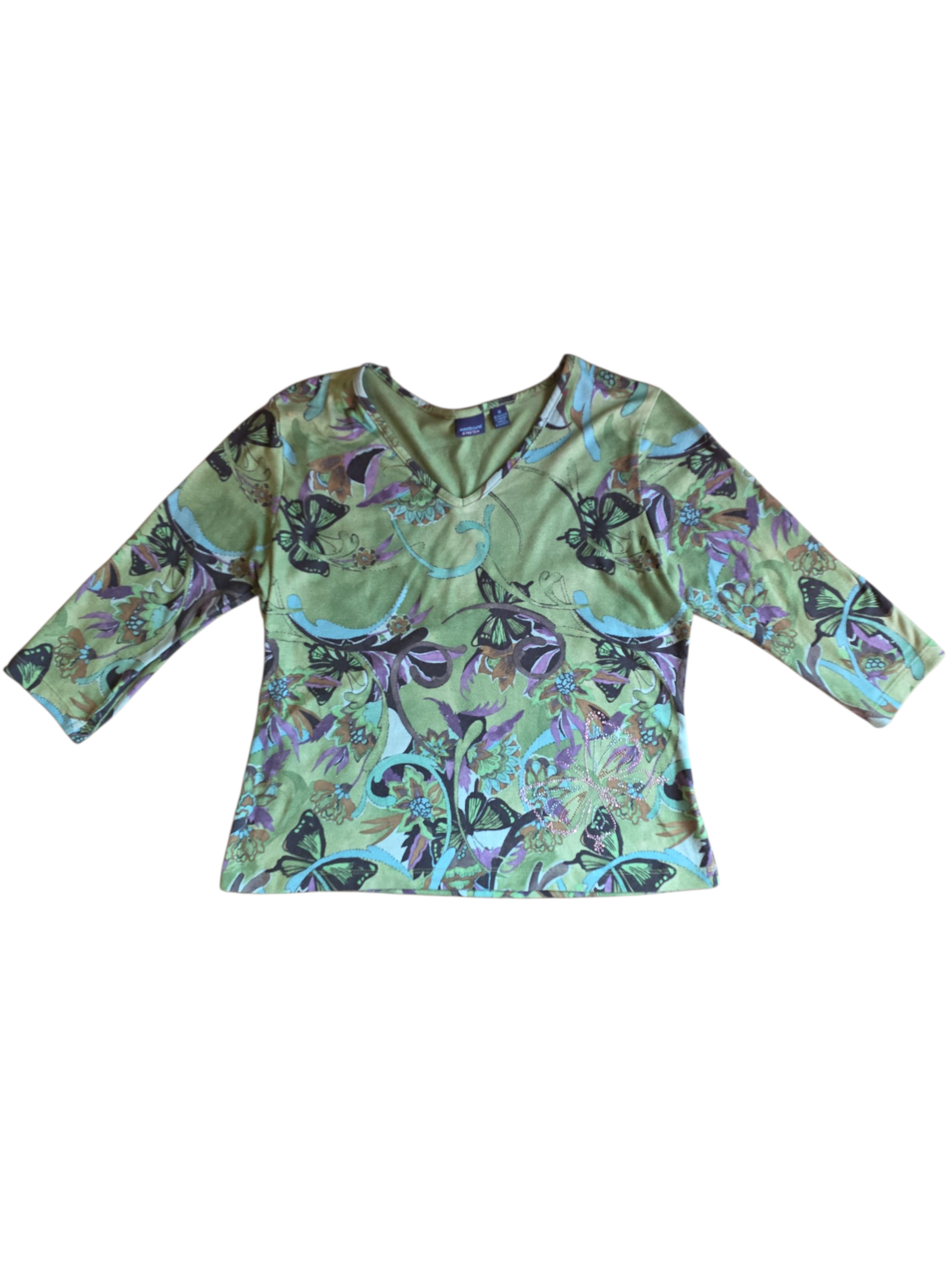 green westbound butterfly studded quarter sleeve top, M/L