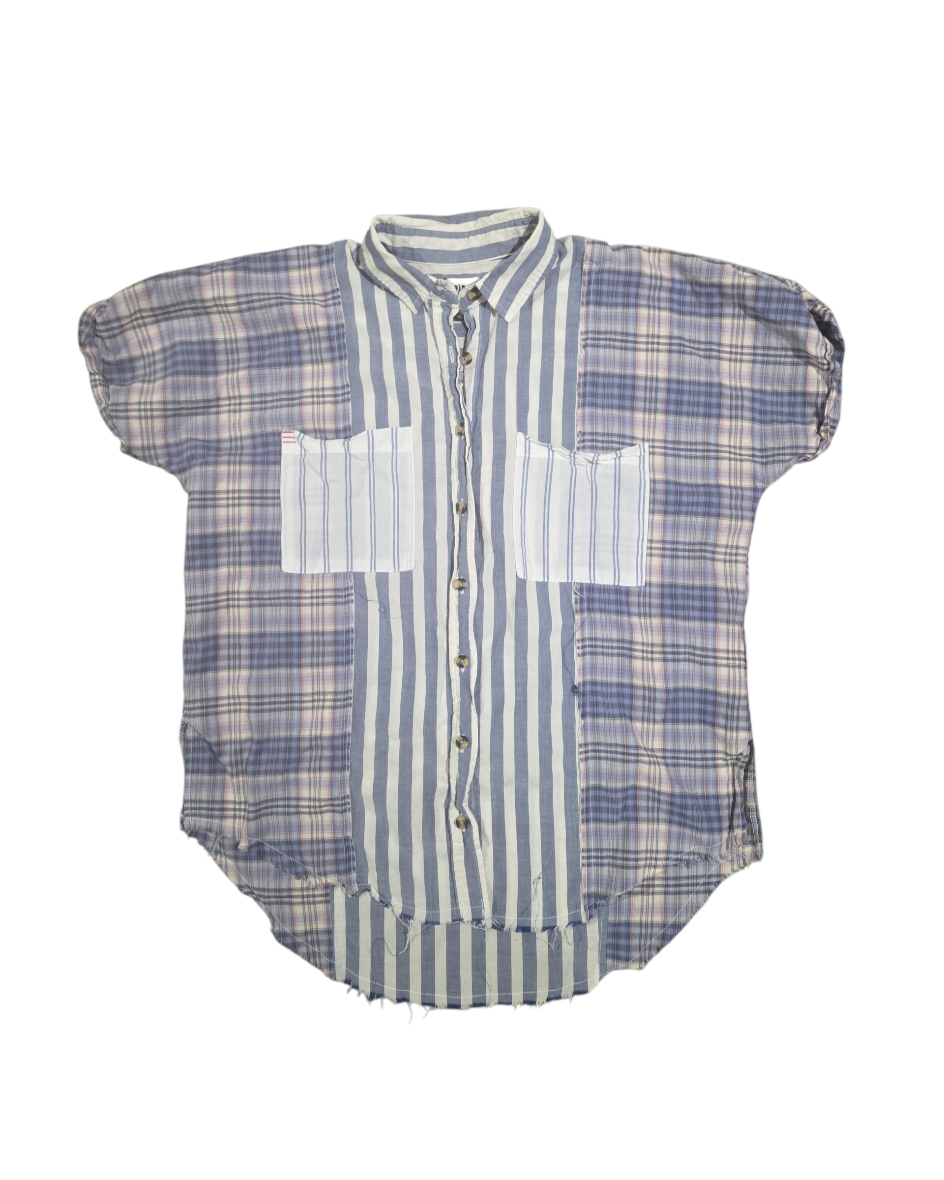 blue white bdg multi plaid stripe button down, s