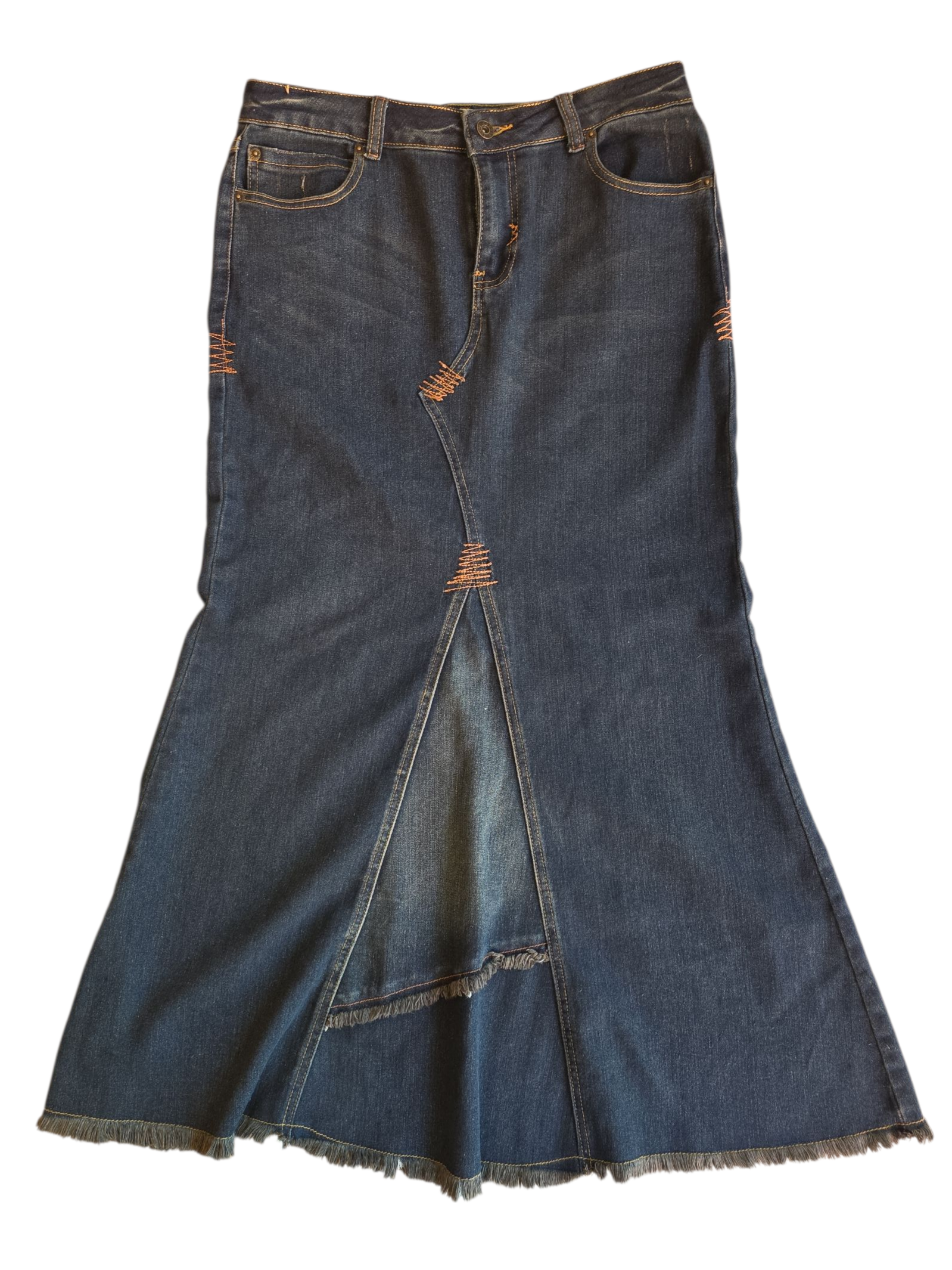 dark wash nofuze denim maxi skirt, 7/8