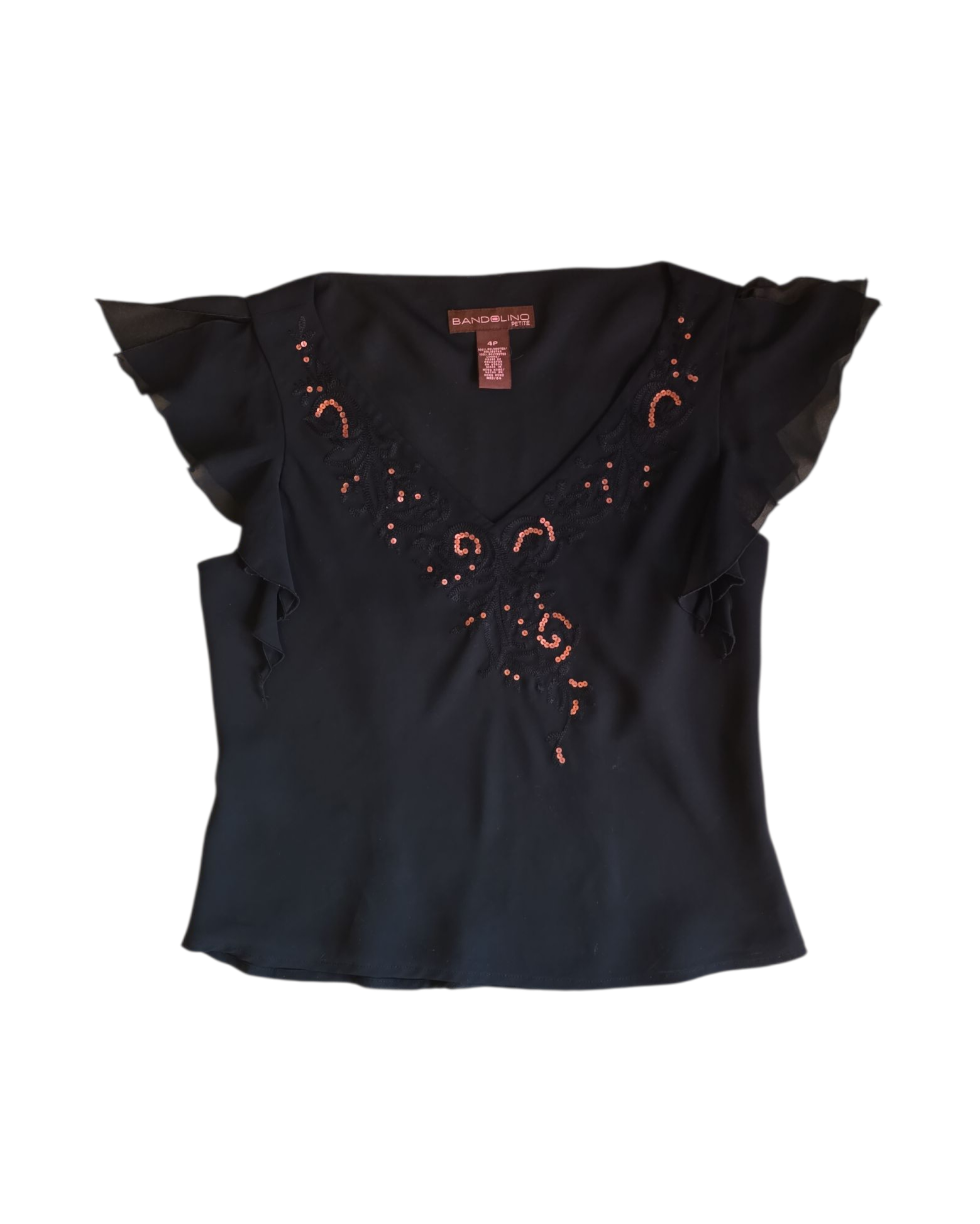 black bandolino ruffle trim ss sequin top, 4p