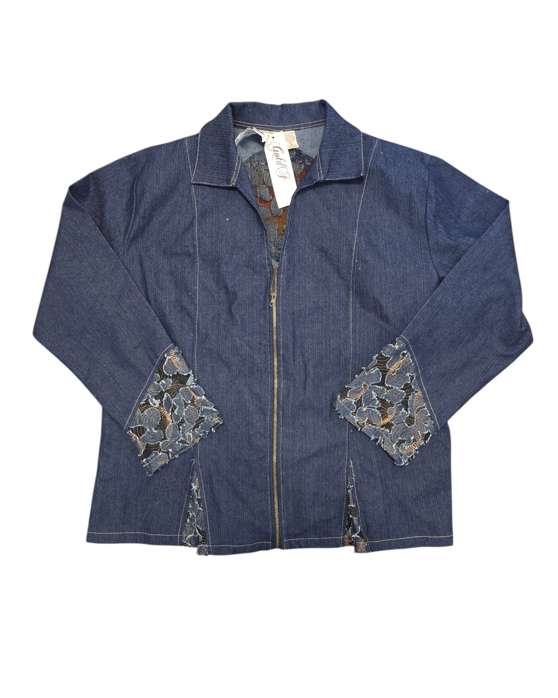 blue gold flava zip up denim floral cut outs top, 22