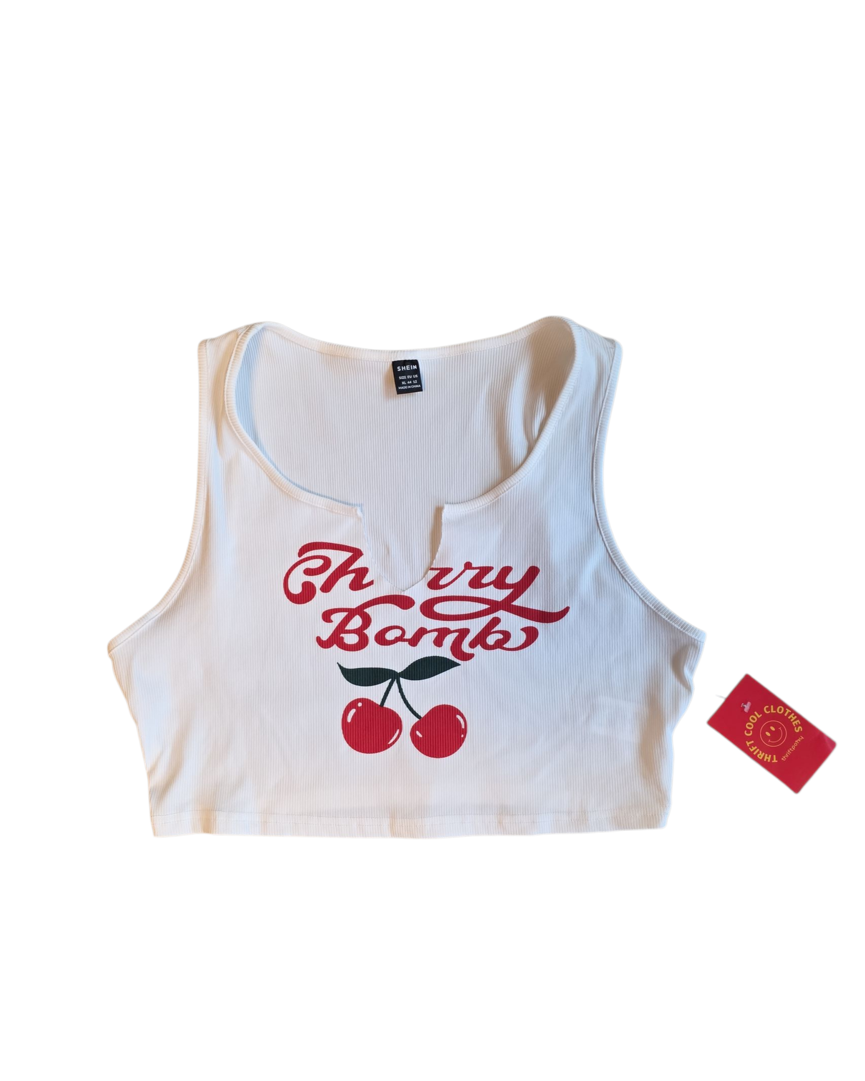 white red shein cherry bomb top, xl